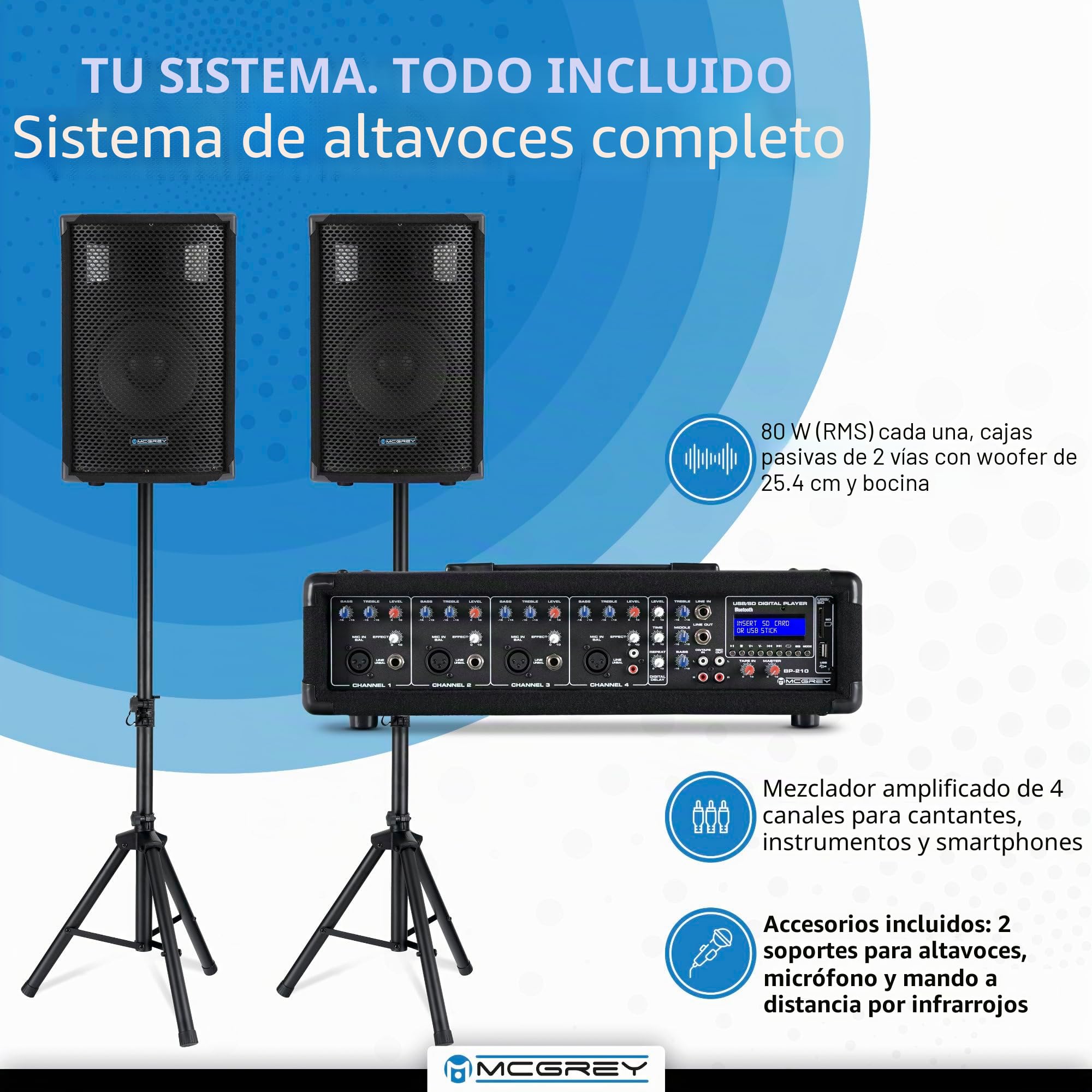 McGrey BP-210 Bandpack PA-Anlage 100 Watt, Entrada Jack no balanceada de 6 | Mezclador de potencia de 4 canales, Entrada XLR balanceada para micrófonos dinámicos, 35 mm, Time (140 - 342 ms) y Repeat