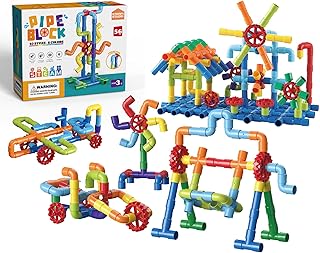 STEAM STUDIO Pipe Blocks Building Set – 56PCS Colorful Construction Toys with Wheels & Gears, 3D Creative Pipe Engineering...
