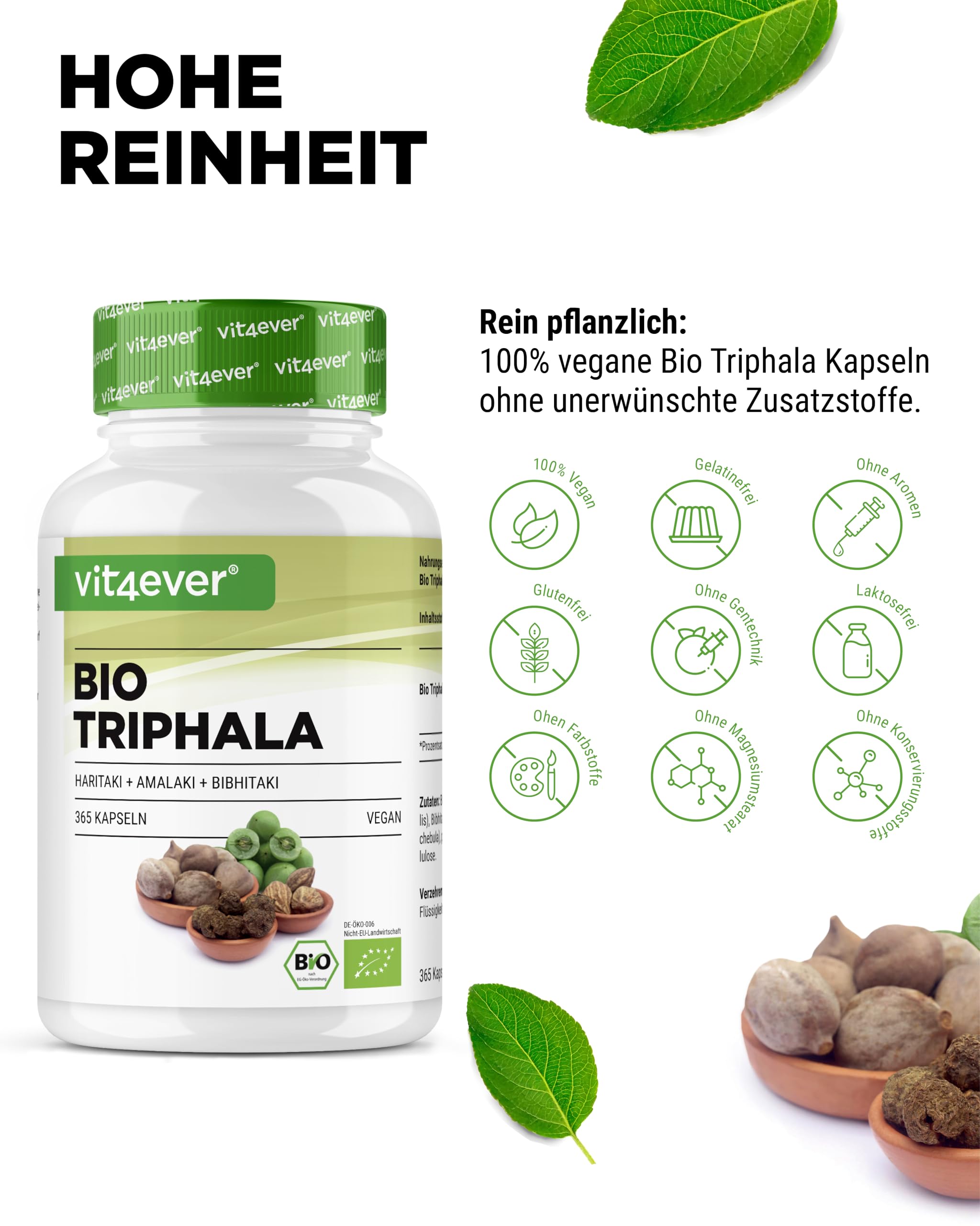 vit4ever Bio Triphala - Hochdosiert mit 2000 mg (500 mg je Kapsel) - 365 Kapseln - Premium Triphala Pulver aus Indien: Haritaki, Amalaki, Bibhitaki - Ohne Zusatzstoffe - Vegan
