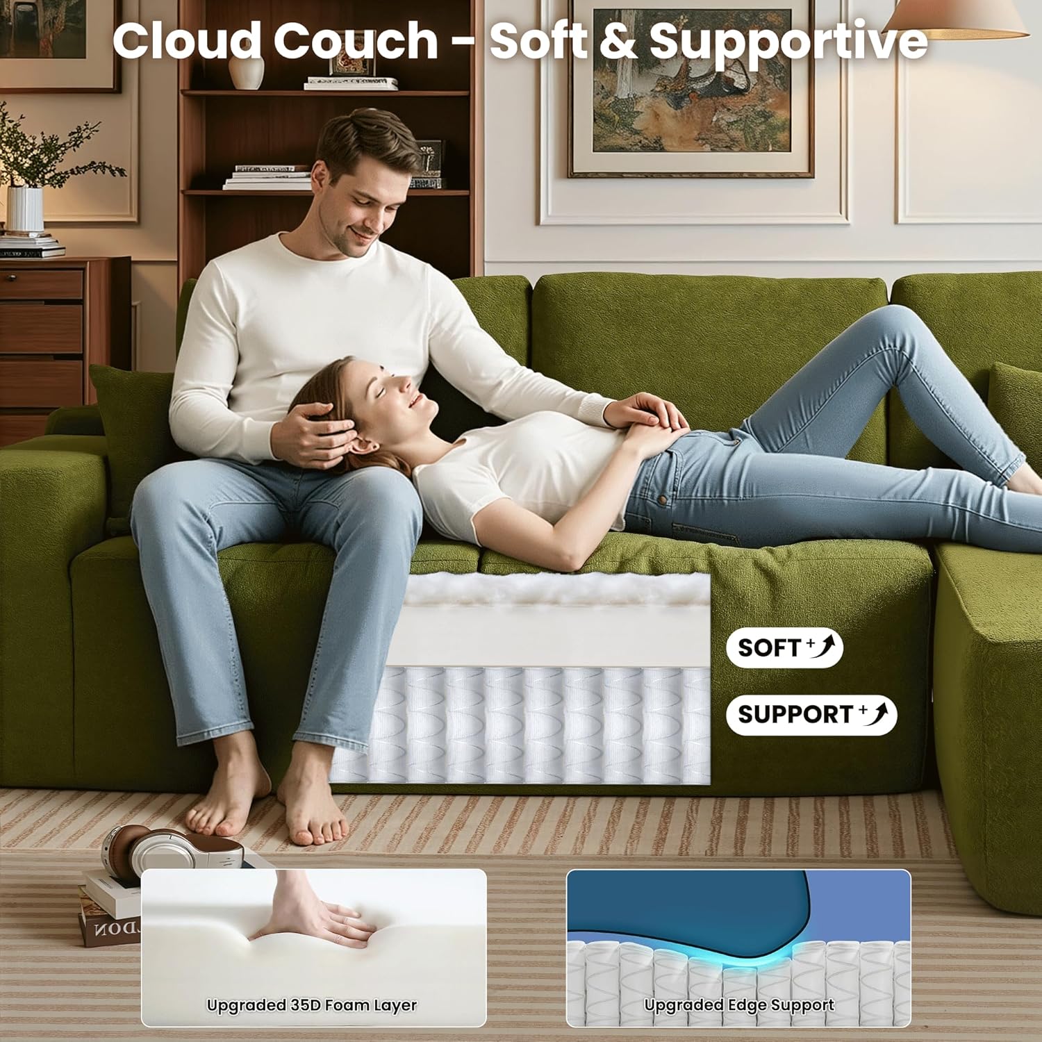 Cloud Sectal Couch with Chaise Loun, L Shaped Modular Modern