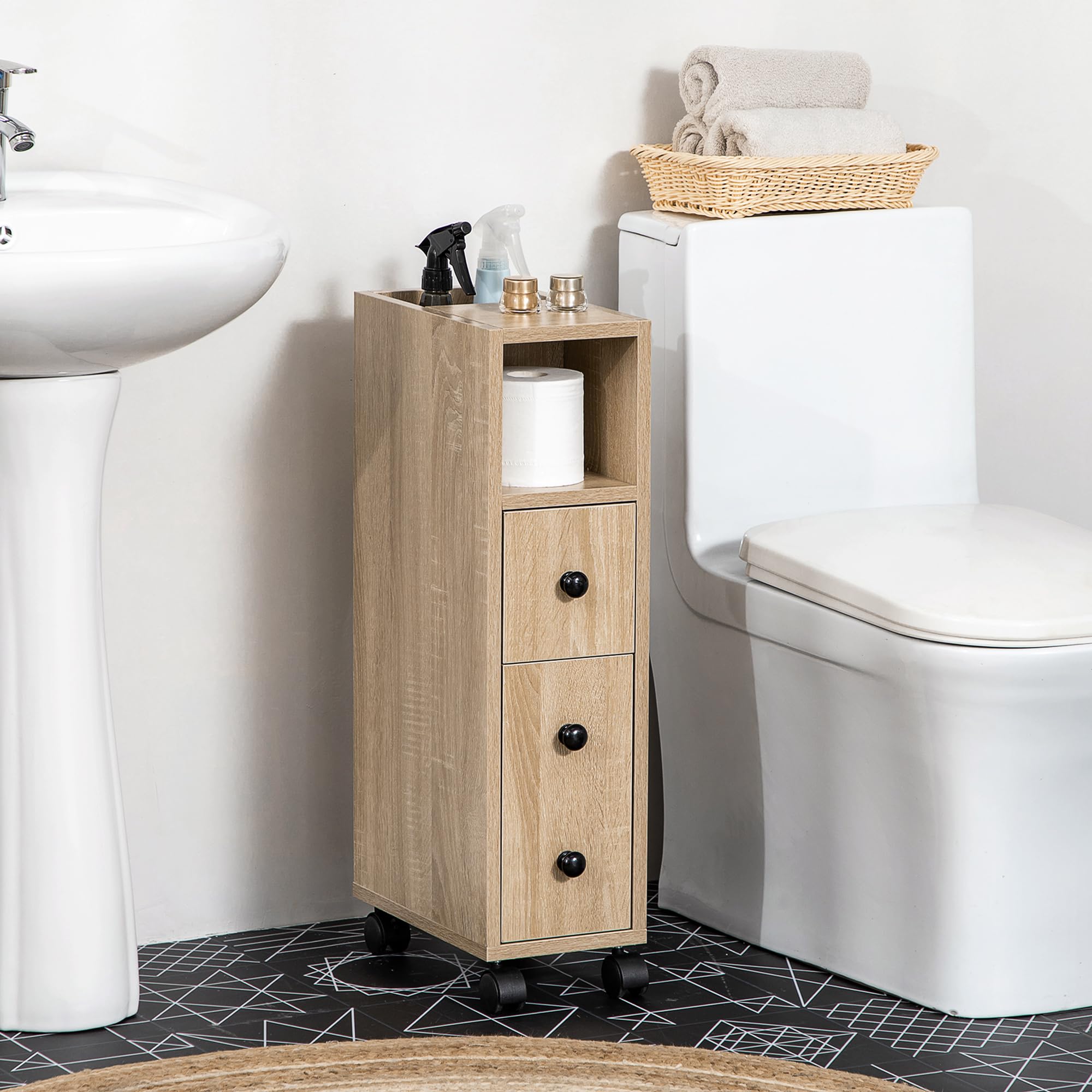 kleankin Armario de Baño con 4 Ruedas Mueble Auxiliar para Baño con Estante Abierto Puerta y Cajón para Espacio Reducido 18x30x68,5 cm Roble