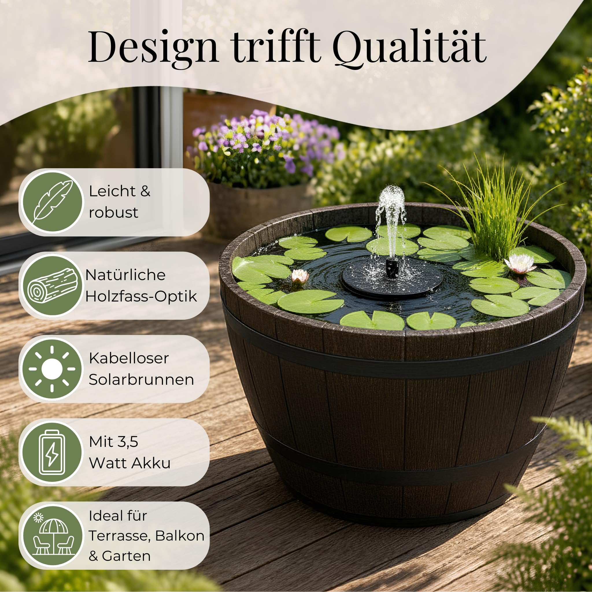 matches21 HOME & HOBBY Outdoor LED Solarbrunnen Set mit Akku - 51 cm Schale Holzfass-Opktik braun mit schwimmender Solarfontäne