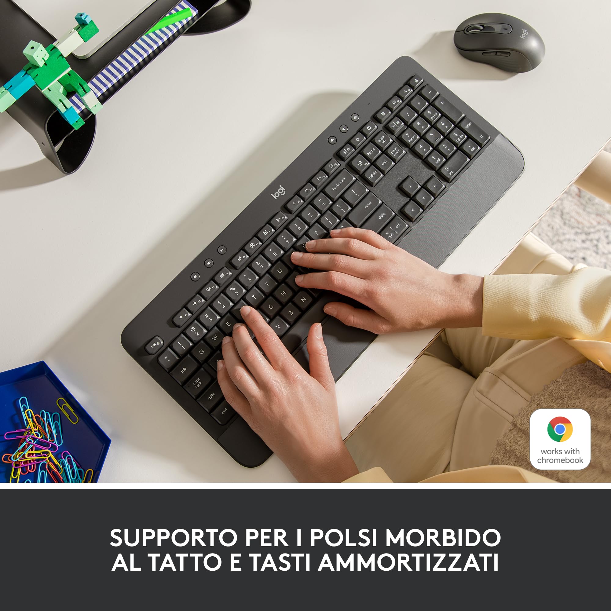 Logitech Signature K650, Tastiera Poggiapolsi Wireless Full-size con Bluetooth BLE o Ricevitore USB Logi Bolt, Tasti Smorzati e Tastierino, Compatibile con PC/Windows/Mac, Italiano QWERTY - Grigio