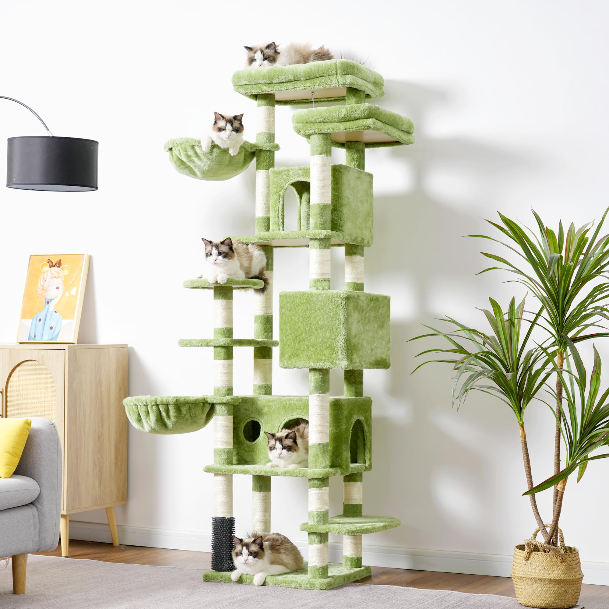 Hey-brother Cat Tree, 74 inches Multi-Level XL Large Cat Tower for Indoor Cats with Three Cat Condos, Two Large Top Decks and Cat Hairbrushfor Kittens, Cats and Pets, Green MPJ035-MGR