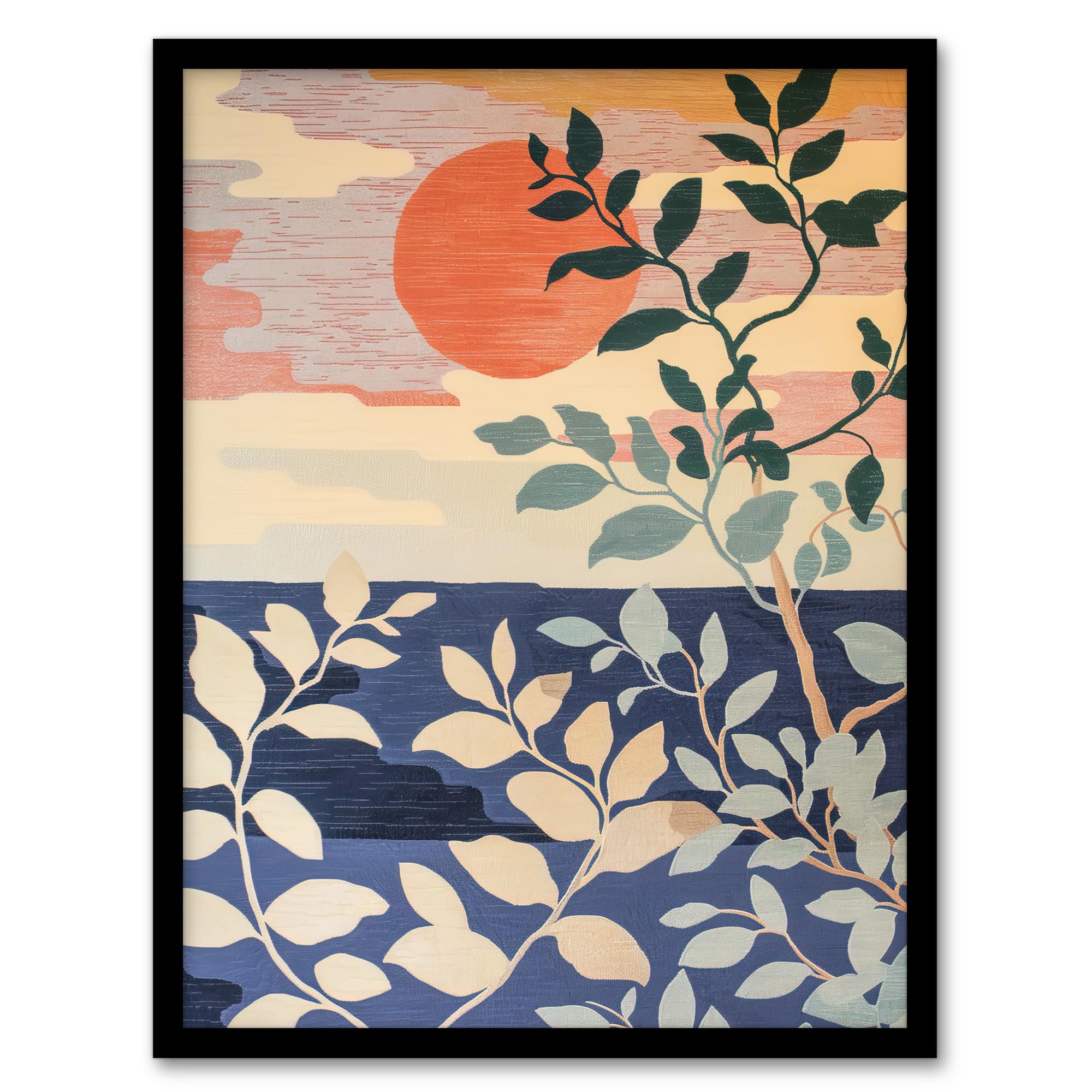 Artery8 Sunset in Coastal Trees Painting Zen Calm Warm Living Room Artwork Framed Wall Art Print A4