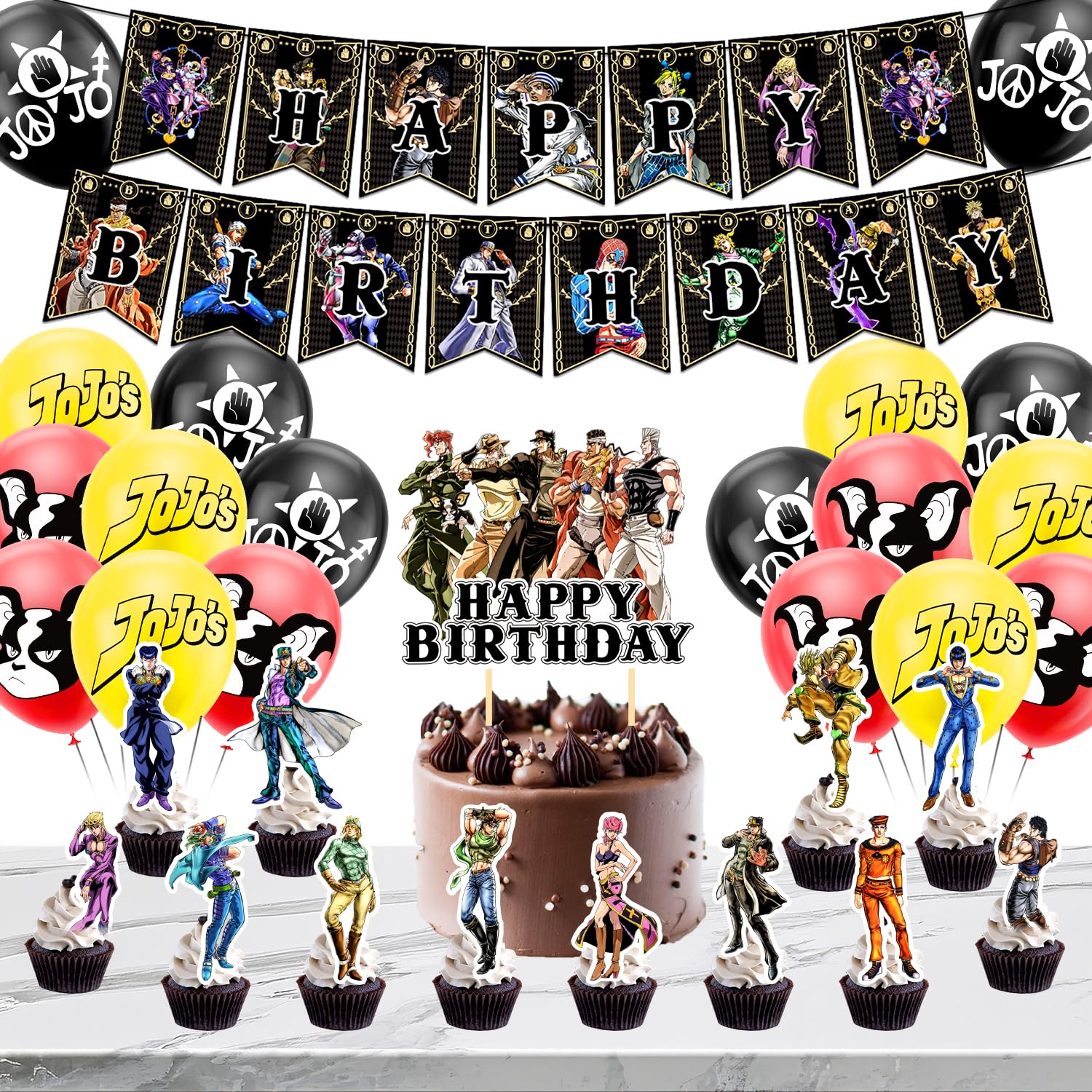 ジョジョの奇妙な冒険 誕生日 飾り付け パーティー セット JOJO アニメ 漫画 人気 子供 可愛い 面白い 男の子 女の子 ブラック happy birthday ガーランド バナー バルーン 風船 ケーキトッパー 32枚セット