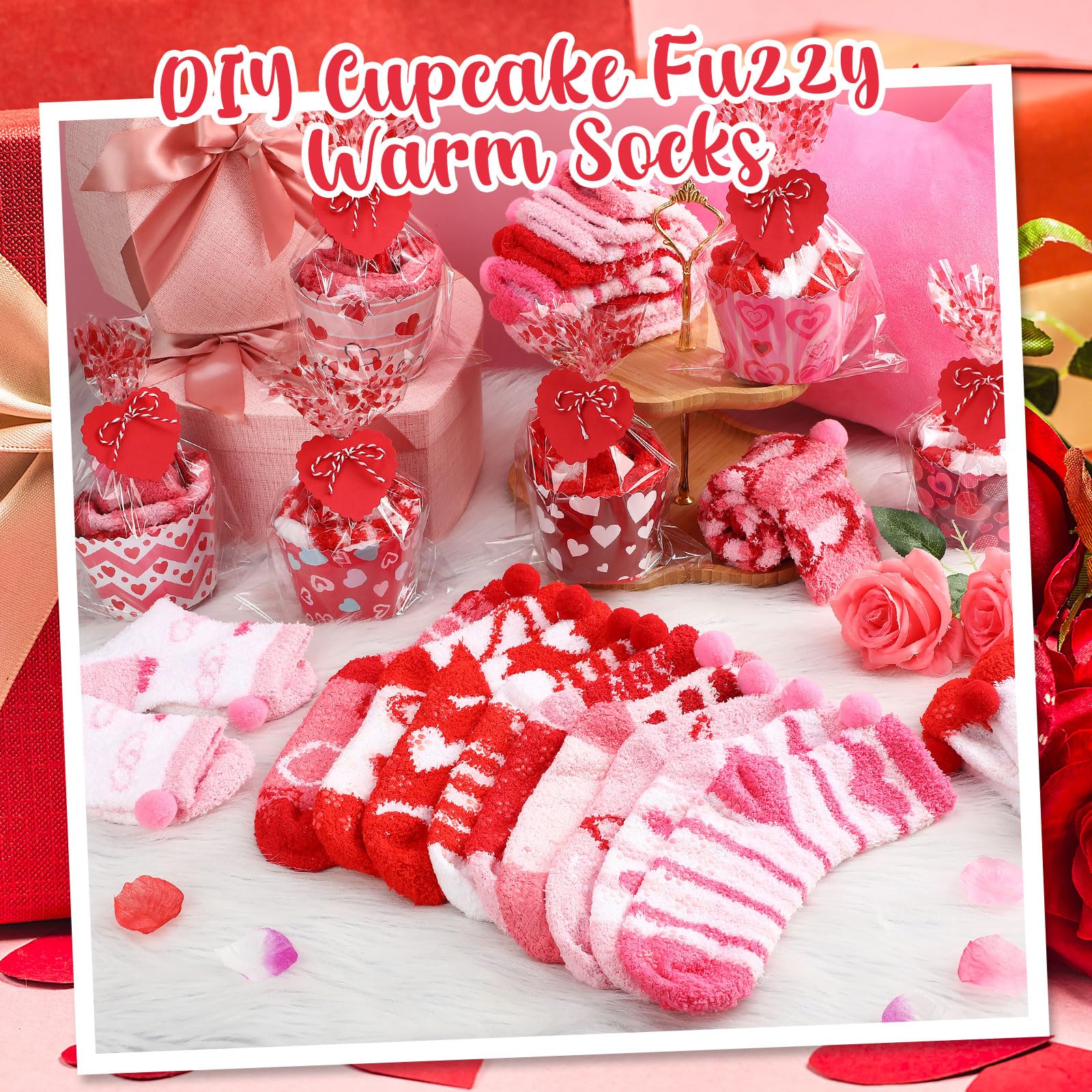 Lot de 6 paires de chaussettes pelucheuses pour la Saint-Valentin avec carte cupcake - Cadeau idéal pour homme et femme (cœur), Couleur mignonne, One Size Women/One Size Men