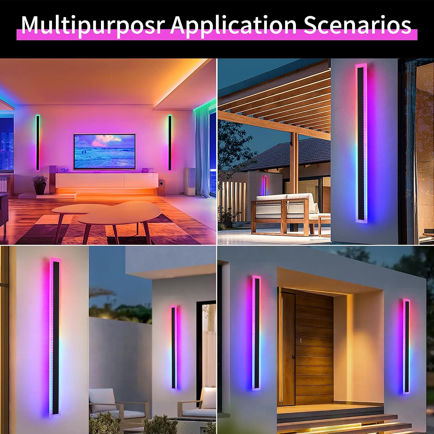 2-Pack 40in Long Outdoor Modern LED Wall Light, IP65 Waterproof Warm/RGB LED Wall Mount Lighting Fixture, Color Changing Long Outdoor Wall Light Dimmable Black Exterior Wall Sconce