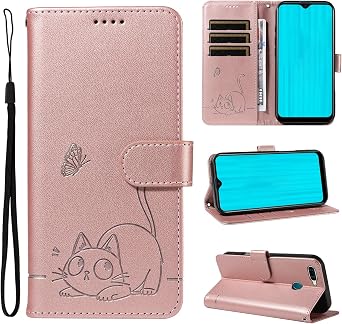 Leather Wallet Case for Oppo A7/A5S/AX5S/AX7/A7N/A12 Cover with Magnetic Flip Cute Cat Stand Silicone Shockproof Cover Compatible with Oppo A7/A5S/AX5S/AX7/A7N/A12 Shell 4