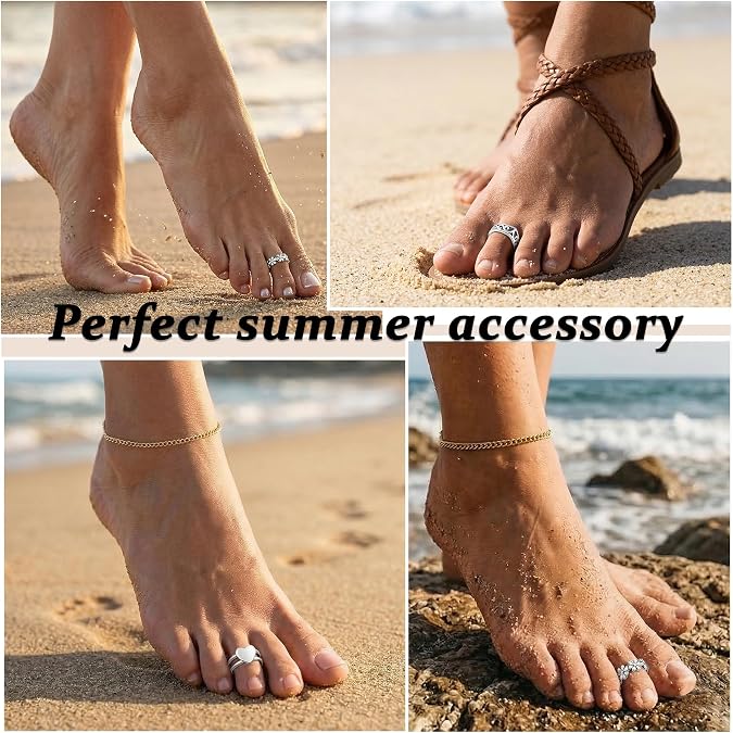 JFORYOU Toe Rings for Women Adjustable Open Toe Rings with Anklet Set CZ Flower Toes Ring for Summer Beach Foot Jewelry