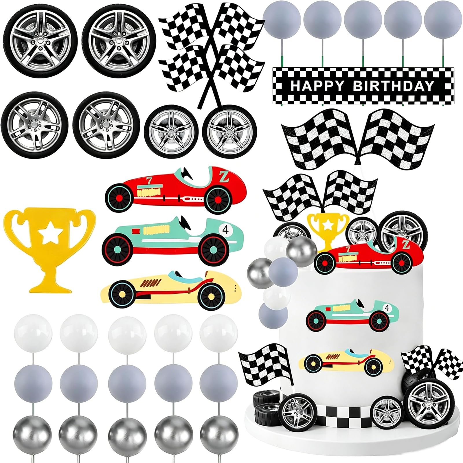 35Pcs Car Birthday Cake Topper Set, Racing Car Cake Decorations, Cars Birthday Cakes Decorations Wirh Wheels, Grid Flag & Trophy, Racing Cakes Toppers for Boys Party Supplies