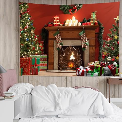 Miniatura 3 de HVEST Tapiz navideño para colgar en la pared, regalo de calcetín de árbol de Navidad y corona, tapiz de bolas de Navidad de invierno para sala de