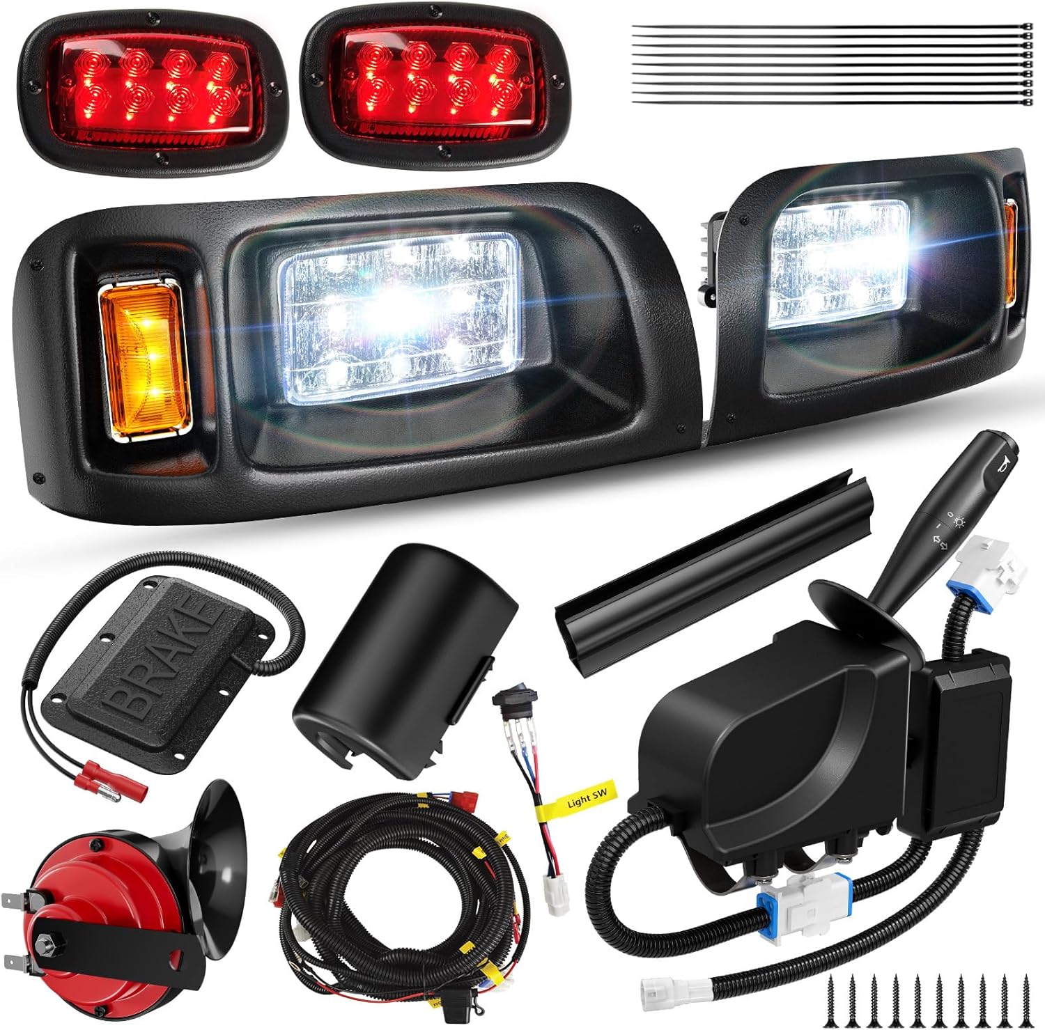 12V Deluxe Golf Cart Light Kit for Club Car DS 1993-UP, Street Legal Club Car Headlight Taillight Kit with Turn Signal Switch Horn Wiring Harness Hazard Switch Brake Pad