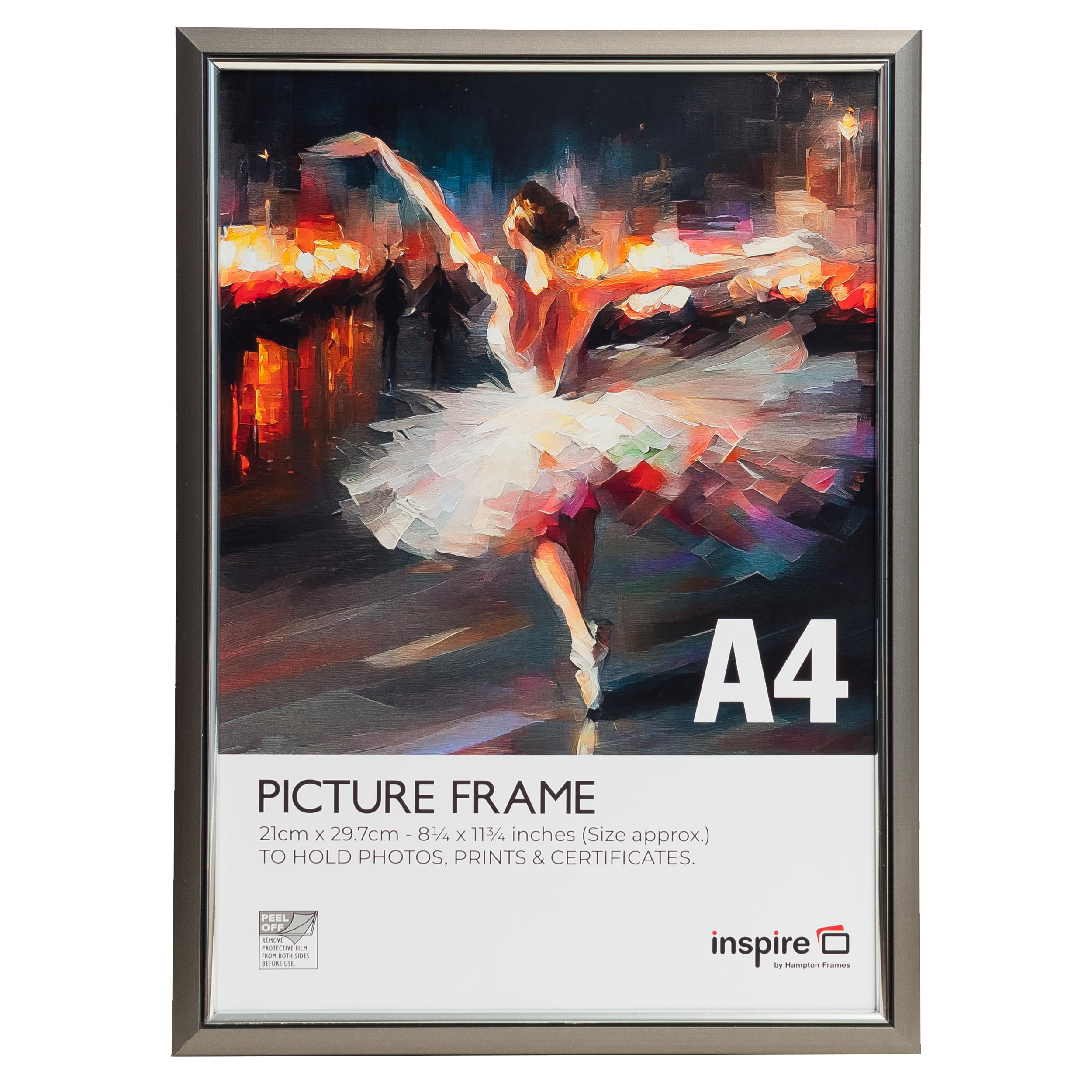 inspire by Hampton Frames | Picture Frame | A4 (21x30cm), Smoke Grey, Foil Wrapped Plastic | Acrylic Non-Glass Front, Wall Mount or Freestanding, Drop-In Back | For Photos, Posters, Certificates