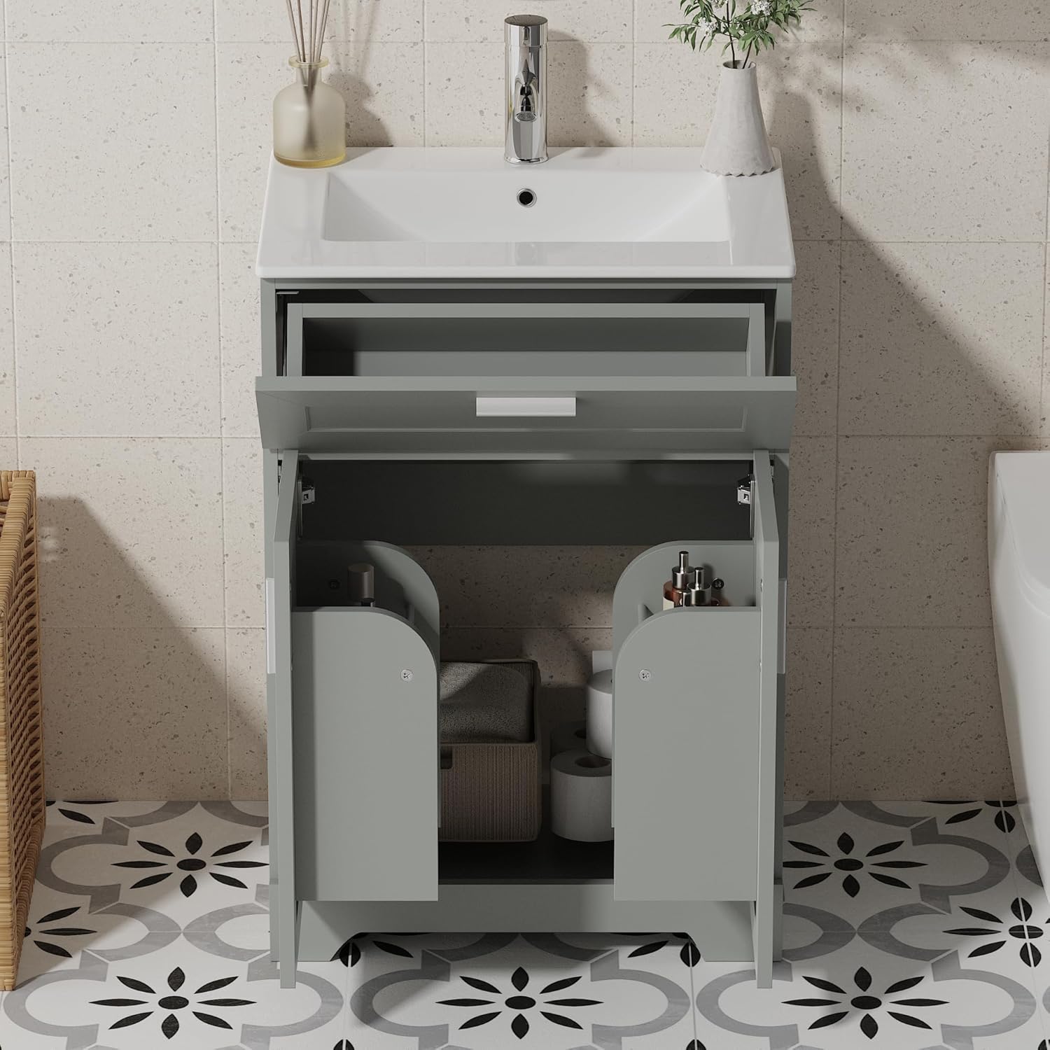 24 Inch Bathroom Vanity with Ceramic Sink, Under Sink Vanity Cabinet, Freestanding Vanity for Bathrooms, Bathroom Storage Vanity with 2 Doors and1 Drawer (Grey, 24", with Sink)