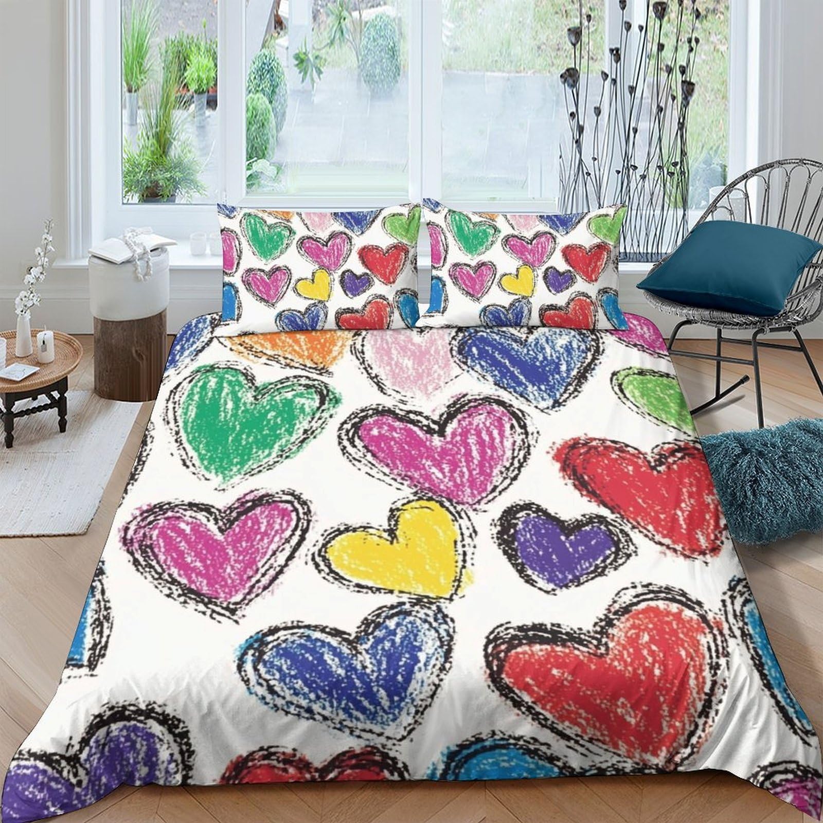 Housse de couette 135x200 cœurs colorés en microfibre avec 2 taies d'oreiller
