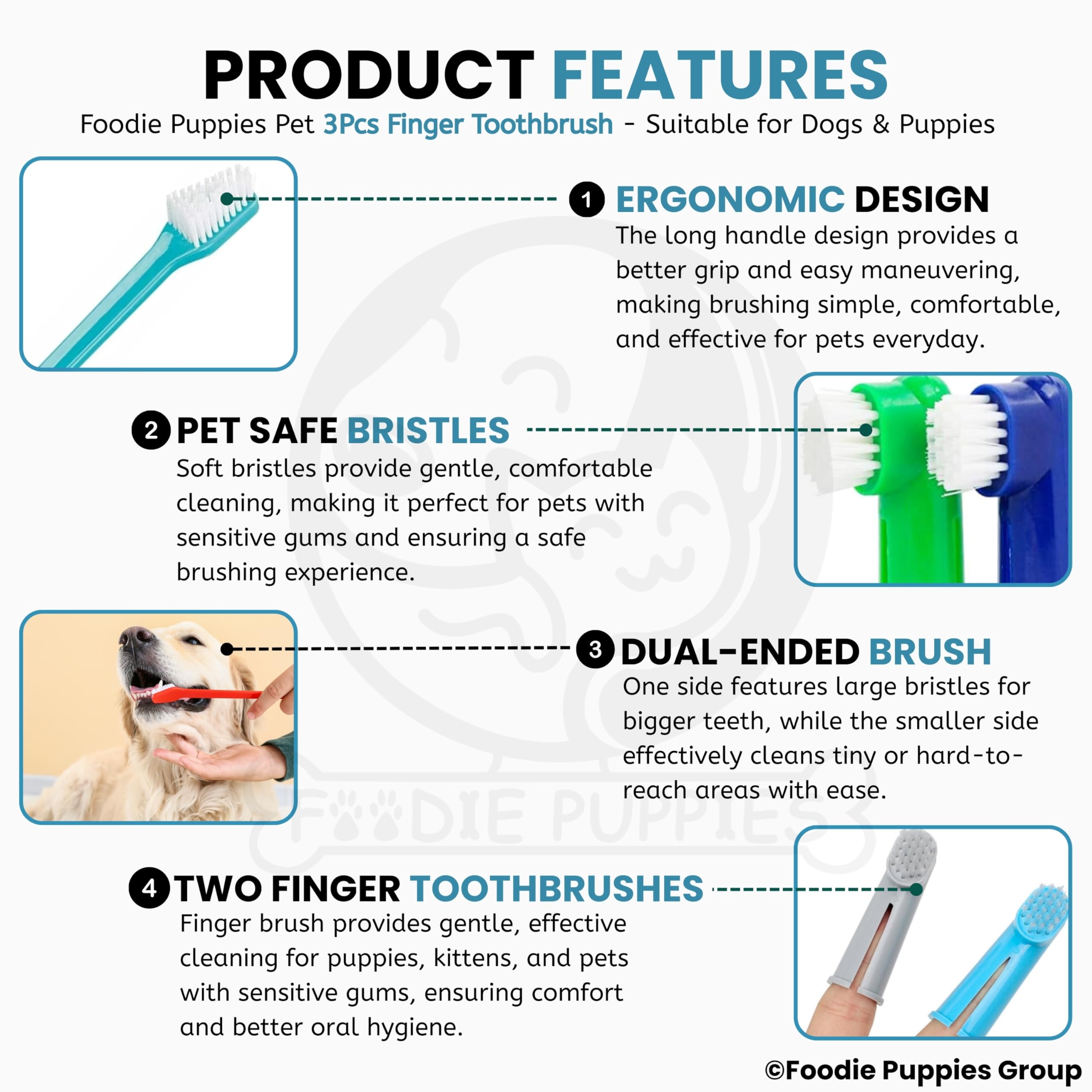 Foodie Puppies Dog Dental Toothbrush Set of 2 with 1 Double Headed Brush, Finger Toothbrush All Breed Cats, Dogs, and Puppies (Color May Vary) 2