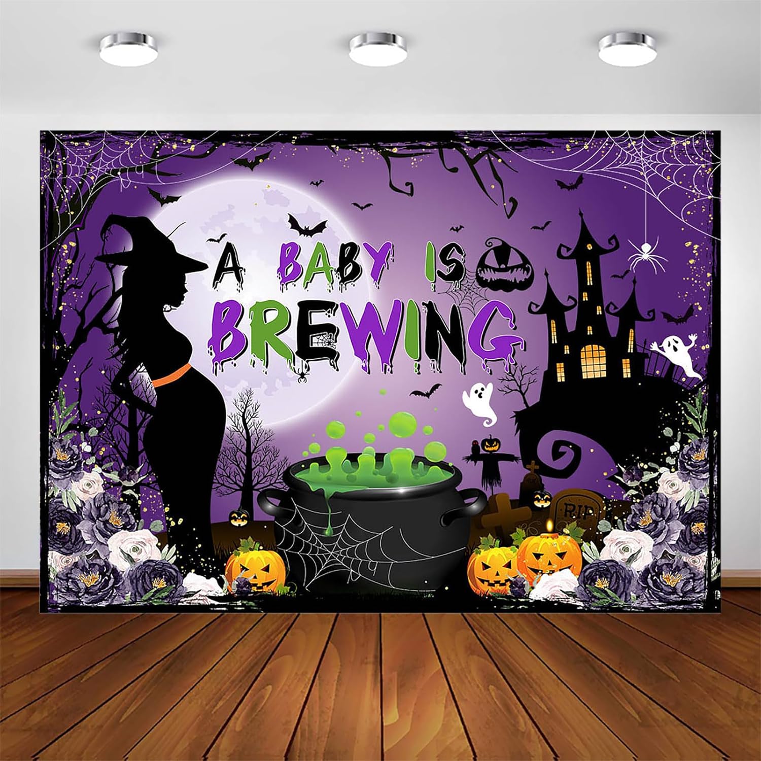 Avezano A Baby is Brewing Backdrop Halloween Baby Shower Party Decorations Purple Witch Magic Theme Baby Shower Photography Background Nightmare Baby Shower Cake Table Banner Supplies (8x6ft)