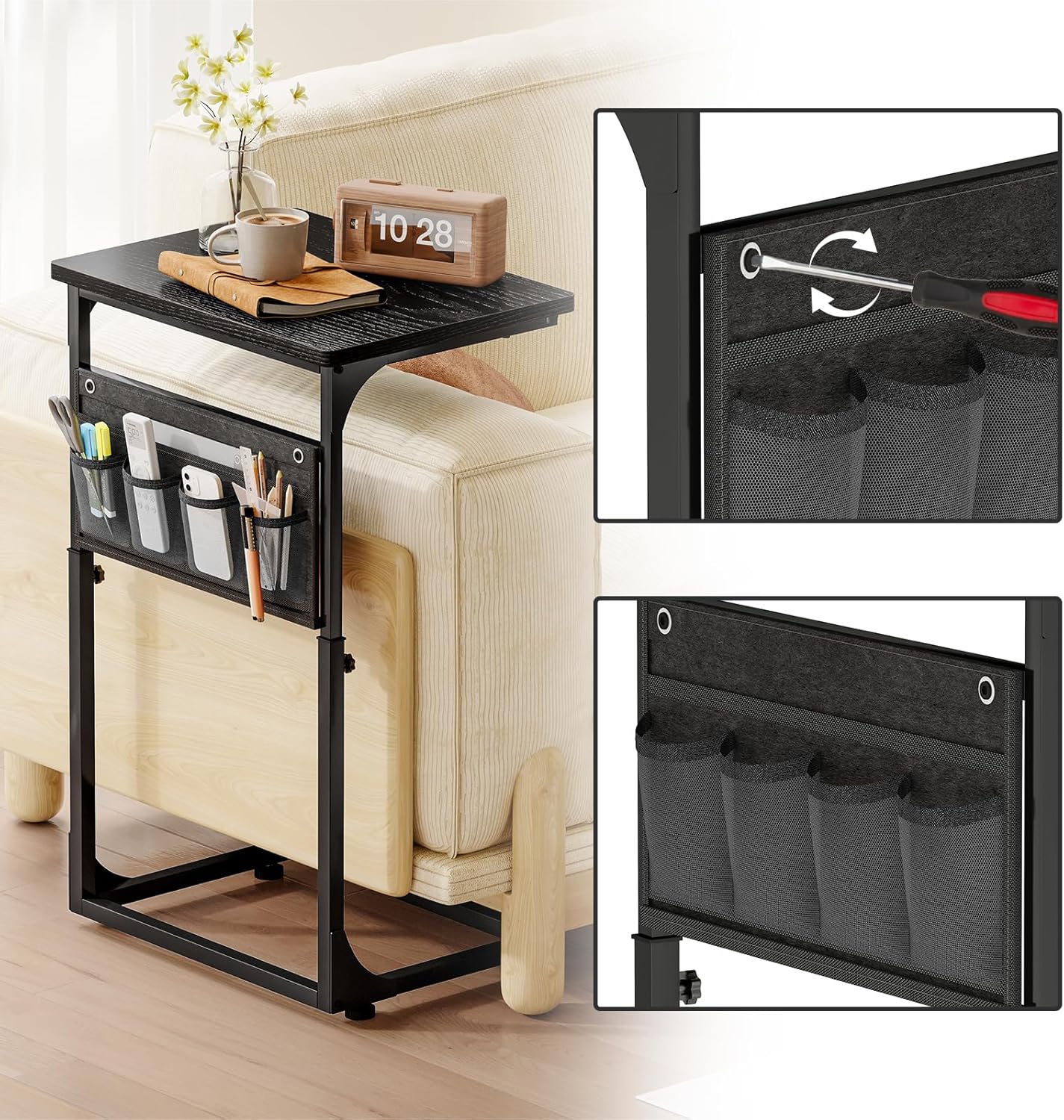 Fixwal C Shaped Side Table Adjustable Height End Table for Couch Small Sofa Table TV Tray with Storage Bag for Living Room, Bedroom & Office, Black