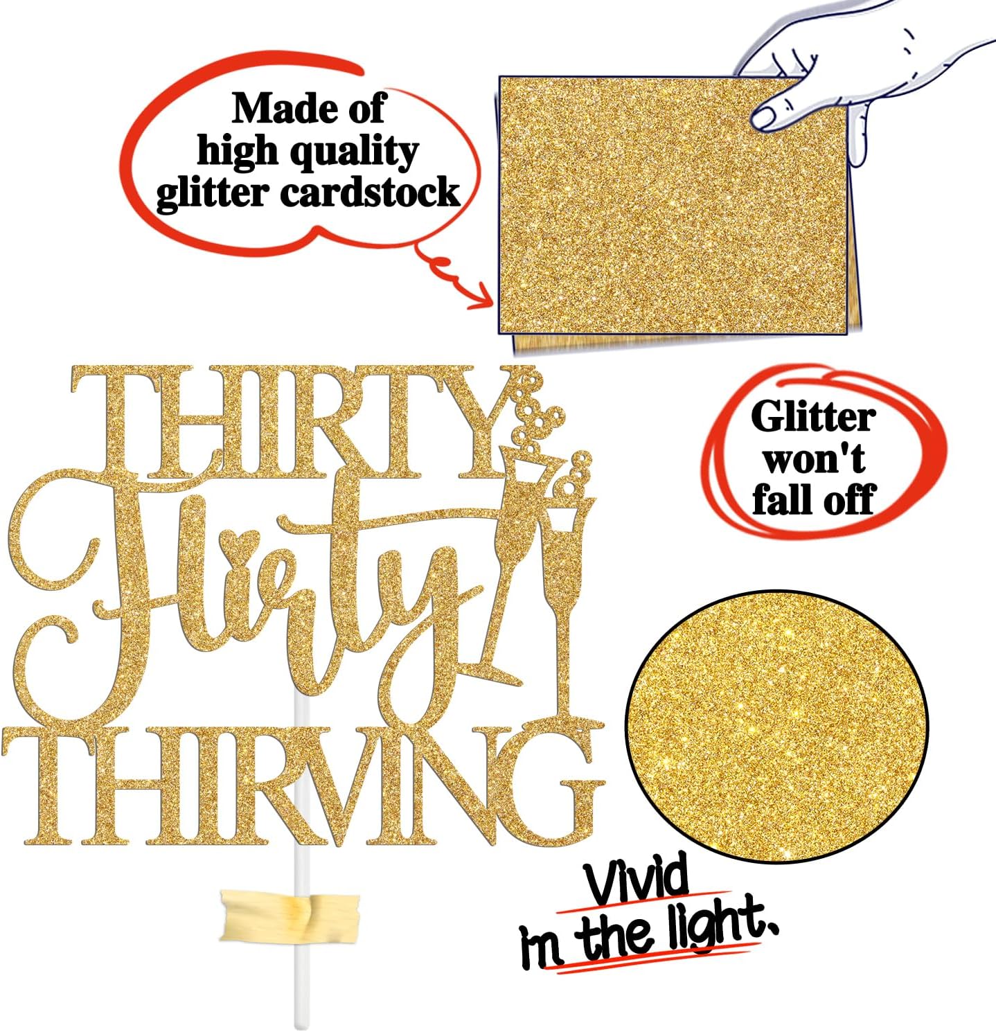 30 Flirty & Thirving Cake Topper, Cheers & Beers to 30 Years/30 & Fabulous, Happy 30th Birthday Party Decorations Supplies, Gold Glitter thumbnail
