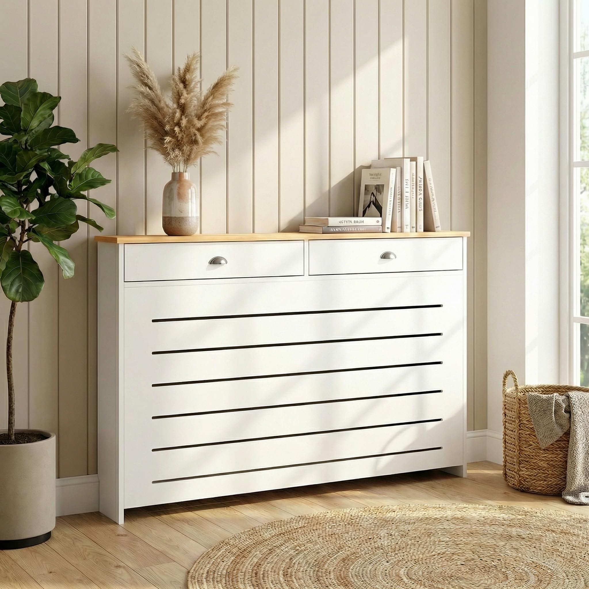 DuraTherm® Radiator Cover Cream Painted MDF Cabinet Horizontal Slat Storage Drawers & Shelf, Radiator Cabinets for Office Hallway Living Room Bedroom, Medium (H: 96cm / W: 111.5cm / D: 19cm)