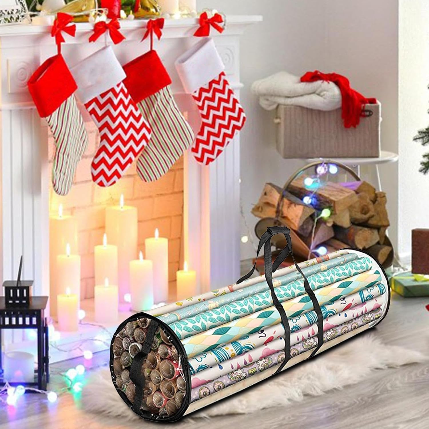 Christmas Wrapping Paper Storage Handled Clear Window Tote