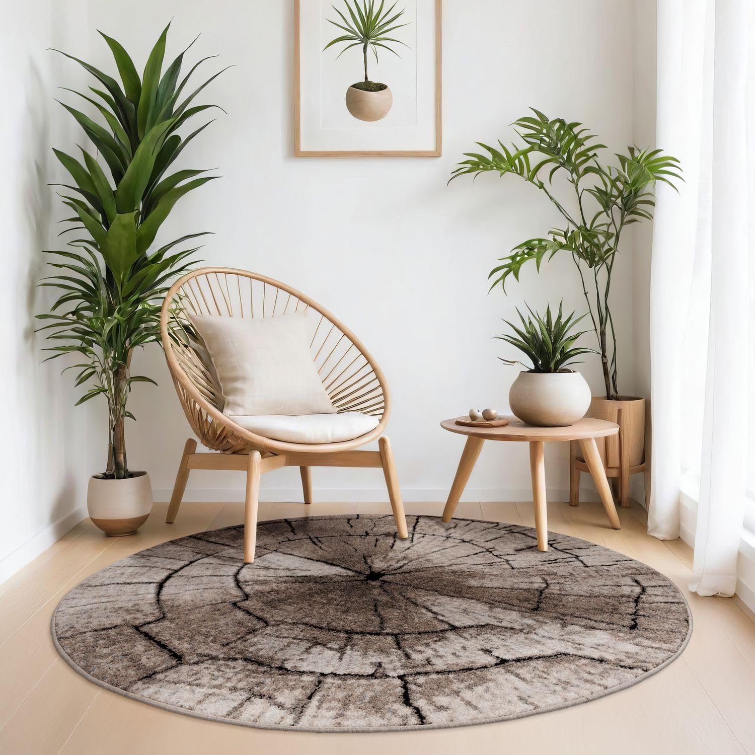 TT Home Modern Edel Teppich Konturenschnitt Baumstamm Grau Braun Beige Rund Größe 120 cm