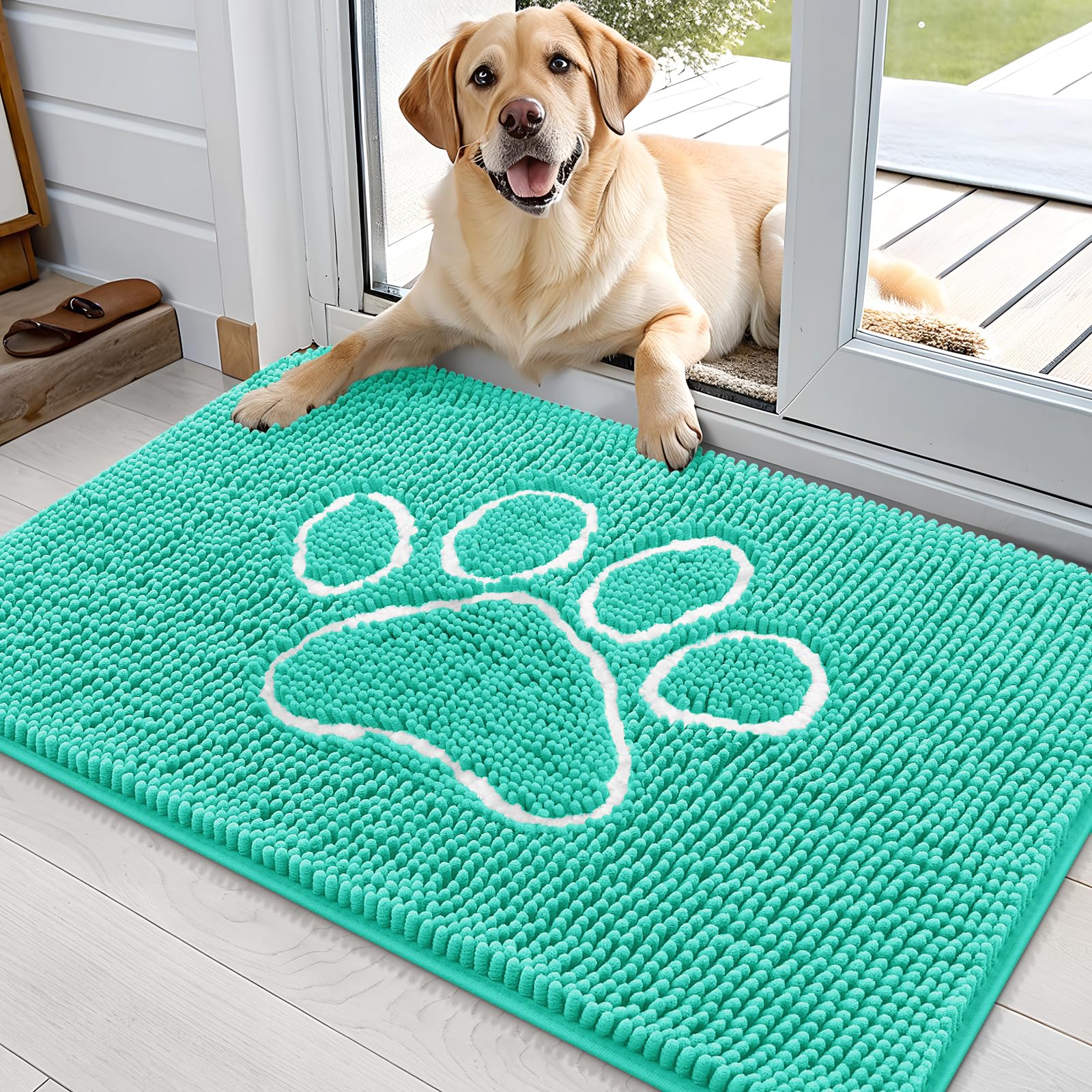 OLANLY Dog Door Mat for Muddy Paws 36x24, Paw Print Design Chenille Mud Mat