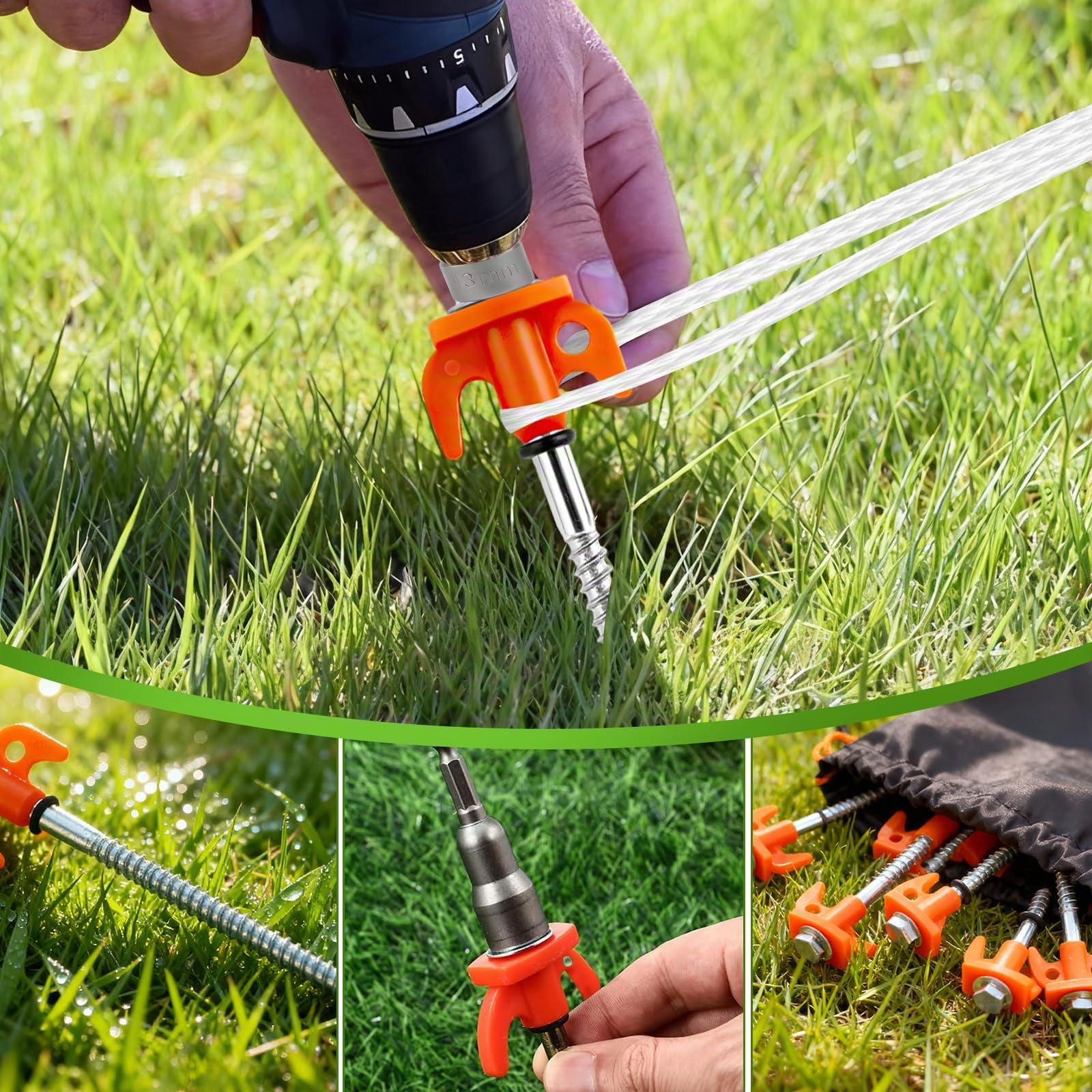 HA BIN 12x Picchetti per Tenda 20cm a Vite – Chiodi da Terra in Acciaio con Filettatura, Picchetti da Campeggio Antivento con Bussola Esagonale, Estrattore, Corde & Borsa – per Tende e Ombrellone
