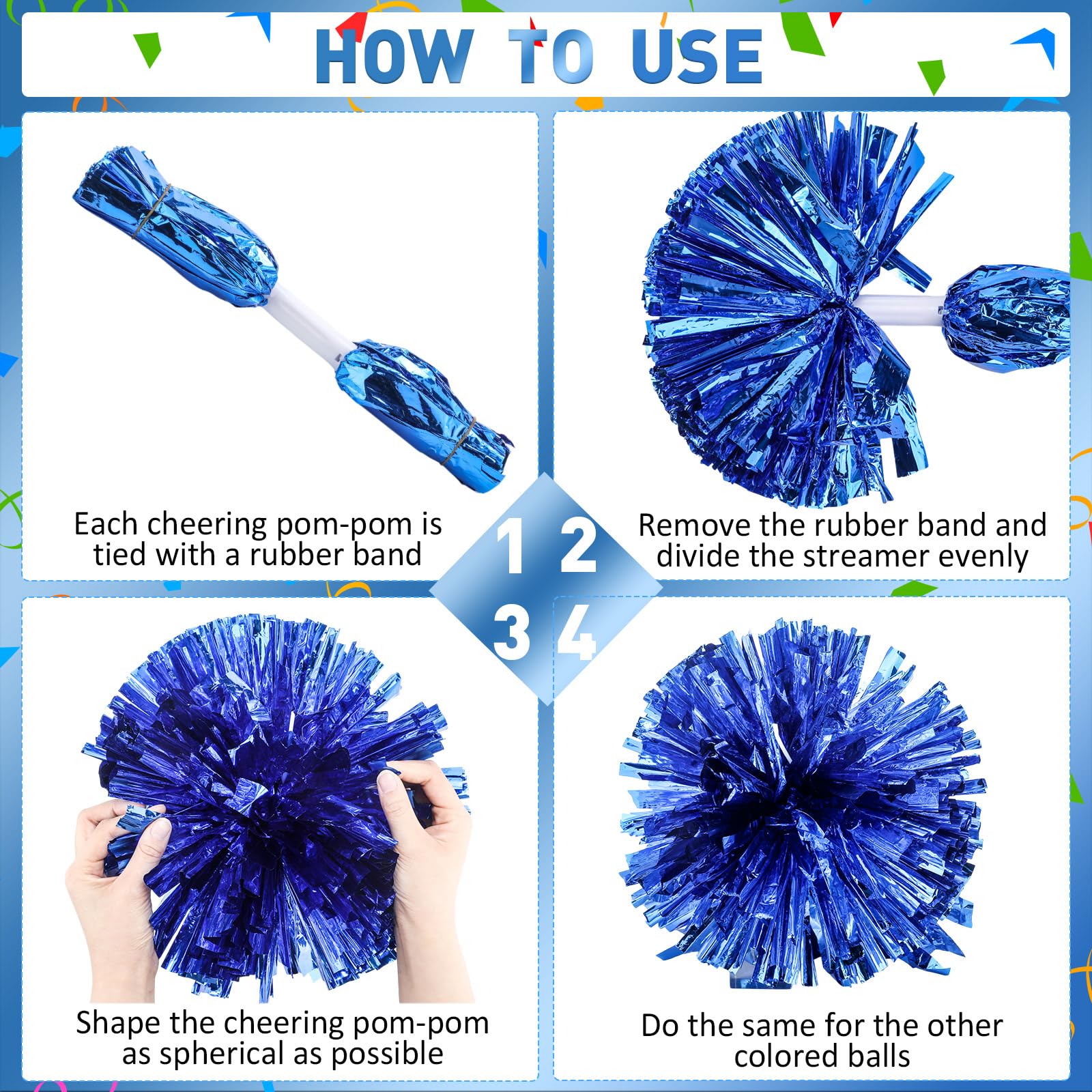 Yunsailing Lot de 50 pompons de pom-pom girl avec poignée en plastique métallique pour danse, matchs, sports d'esprit, performance sur scène, carnaval