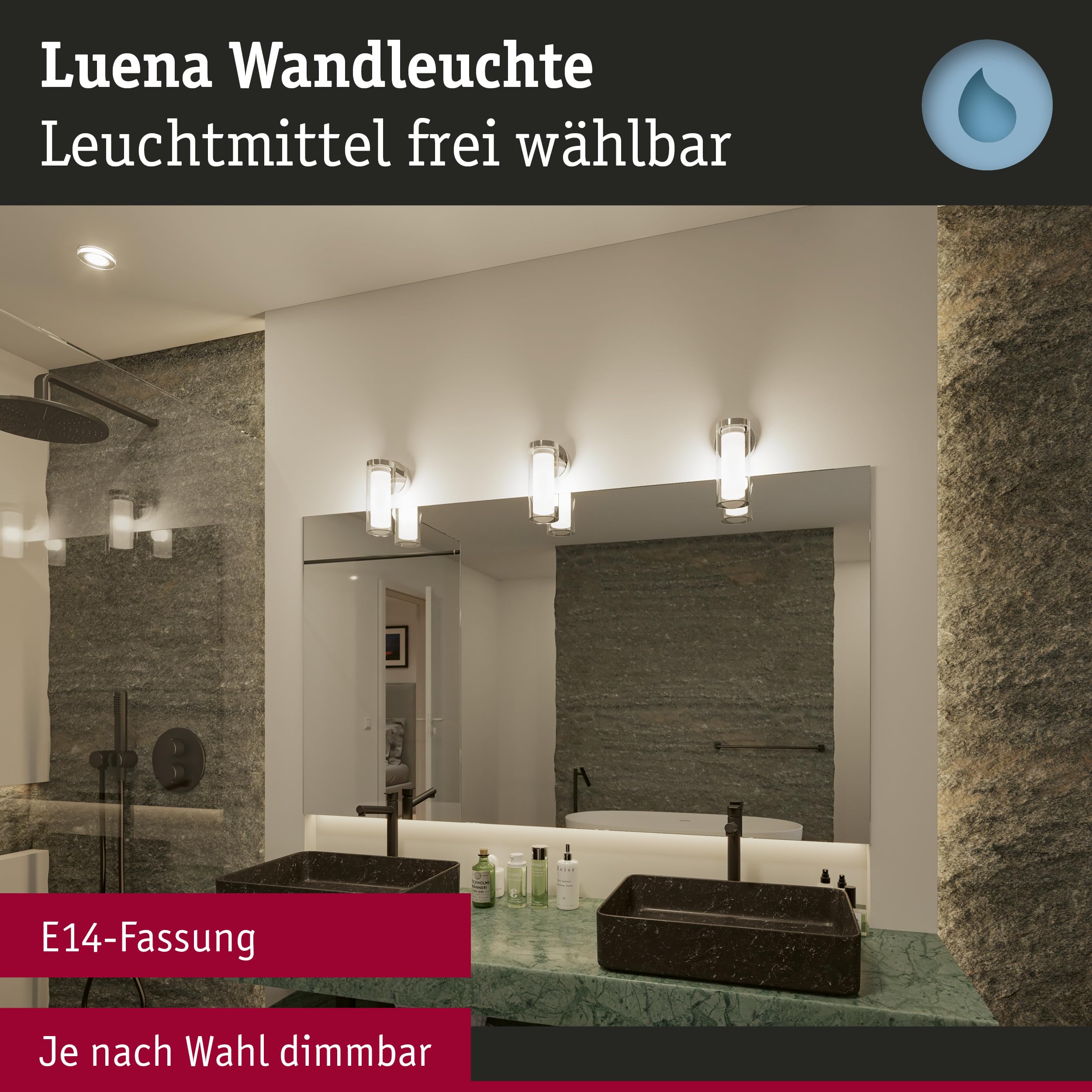 Paulmann 71076 Applique Selection Bathroom Luena IP44 E14 230 V max 20W dimmerabile cromo, vetro, luce da bagno a una fiamma
