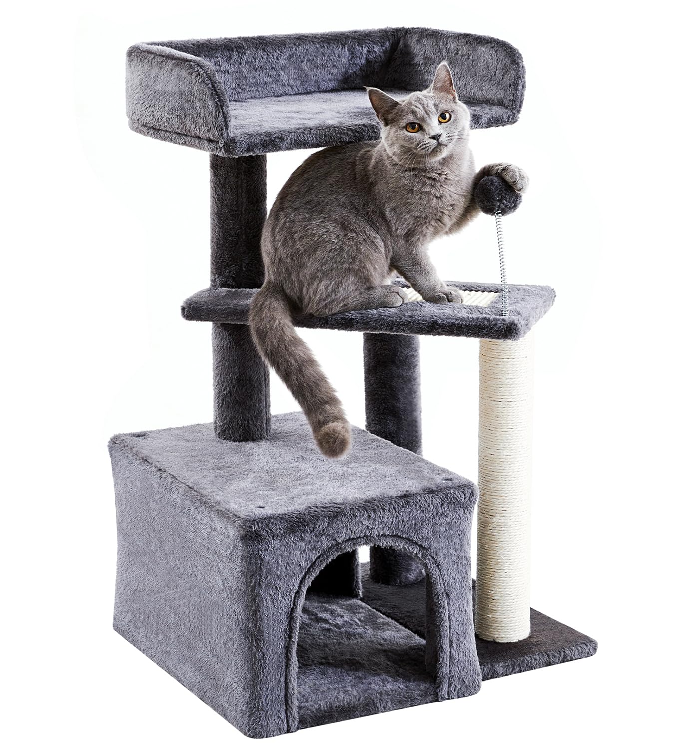Made4Pets Cat Tree, Multi-Level Small Cat Tower for Indoor Cats, 29" Tall Cute Kitten Scratcher Condo with Sisal Scratching Post and Pad Steps, Plush Cat Cave with Pom-Pom for Small Kitty, Dark Grey