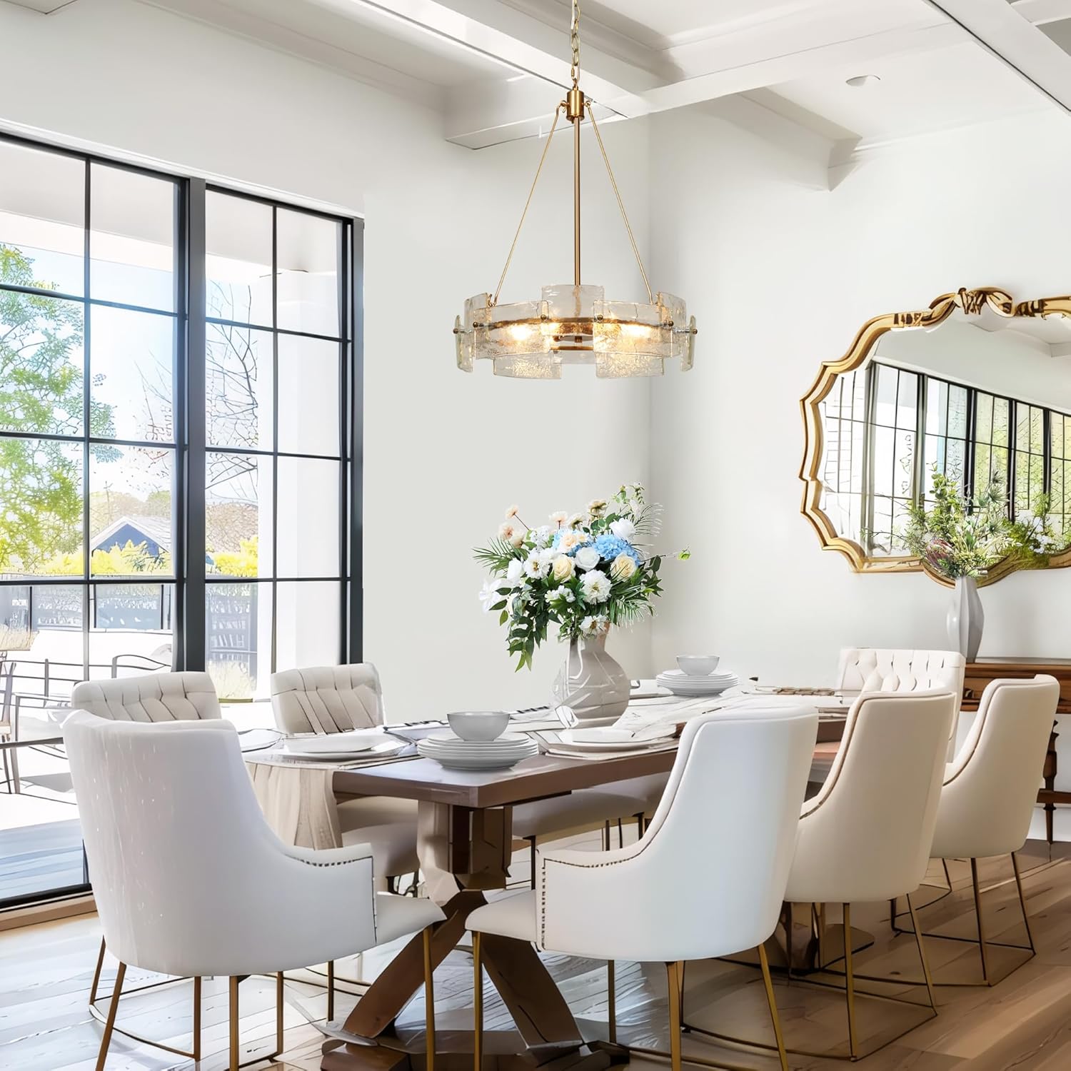 KSANA Gold Chandelier, Modern 6-Light Drum Chandelier Light Fixture with Textured Glass Panels and Electroplated Brass Finish for Dining Room, Kitchen,and Living Room
