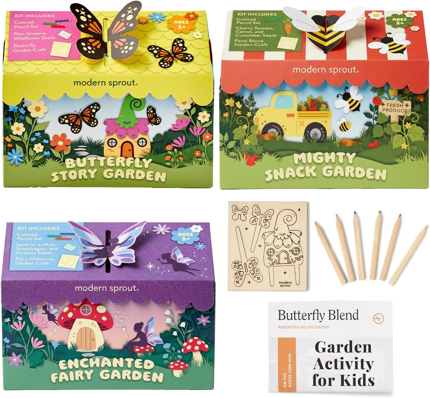 Modern Sprout Magical Minds Garden Kit - Seed Starter Kit w/Wooden Figurines, Wildflowers, Edible Plant Seeds - Easter Basket Essential - Kids Gardening Set for Learning & Play, Perfect Gardening Gift