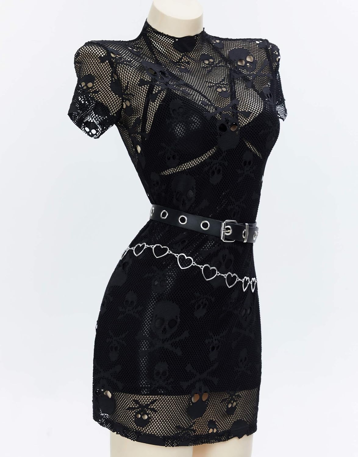 MEOWCOS Women's Cocktail Dress Set Gothic Punk Halter Backless Dress and Lace Mesh Dress with Belt Waist Chain - Image 3