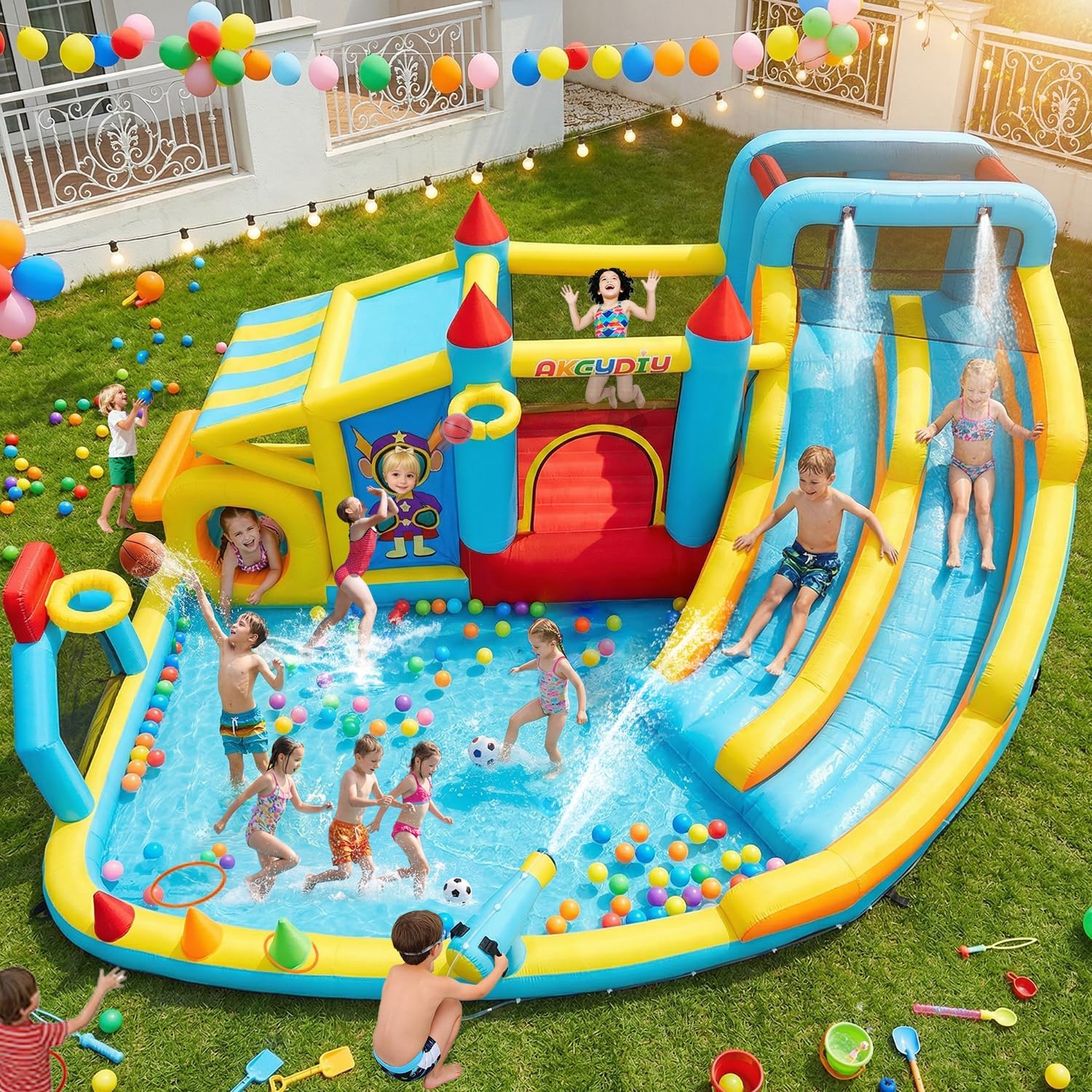 AKEYDIY 19 in 1 Inflatable Water Slide for Kids 3-12, 15.8FT Blow Up Bounce House Water Park with 2 Slides & Hoops, Pool, Soccer Gate, Shop-Stand, Water Cannon, Photography, Dart Ball Kit, Jumping