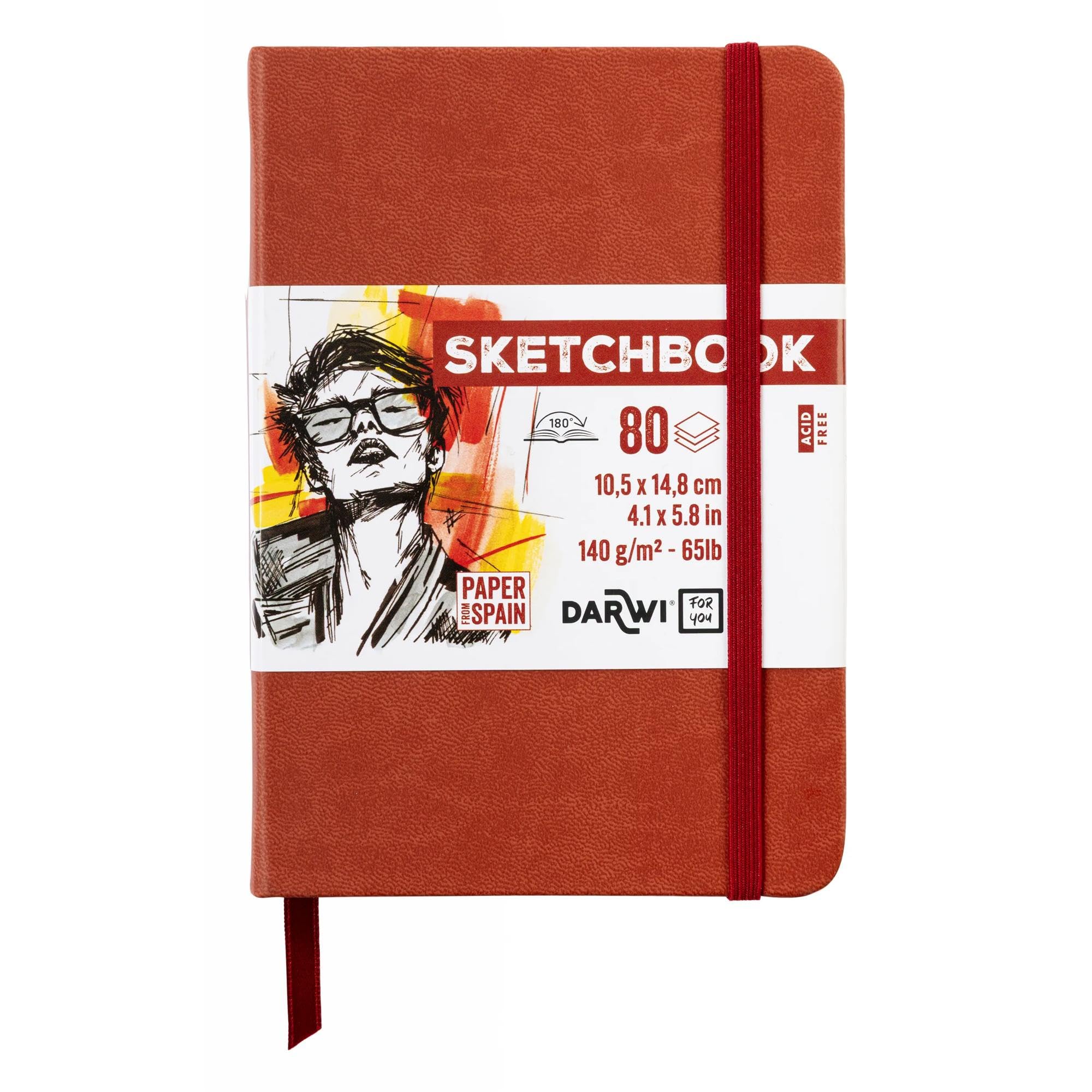 Darwi for You DF80010150007C - Carnet Cousu Sketchbook A6 10,5x14,8 cm 140g - 80 Feuilles Papier Dessin Blanc - Couverture Rigide Terracotta