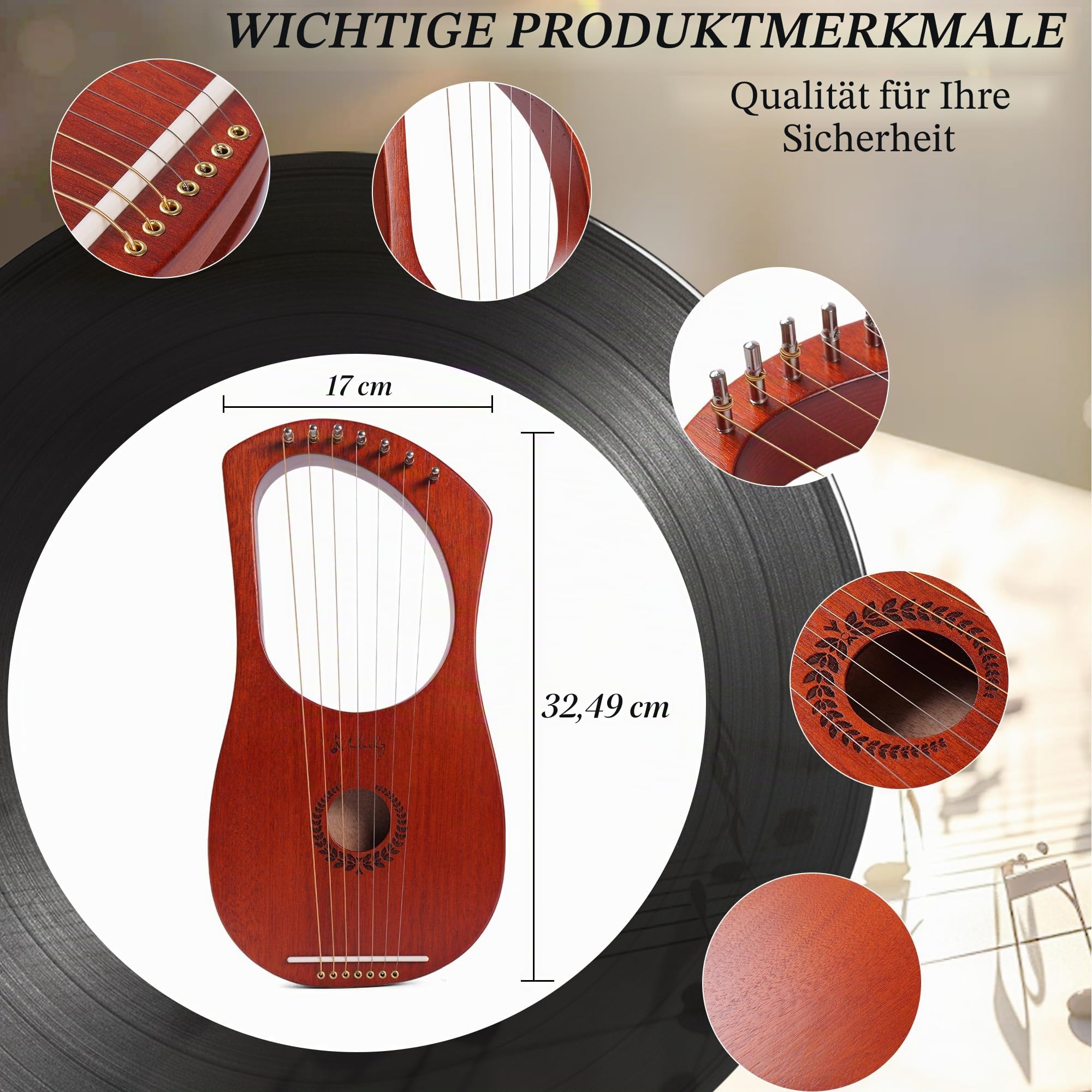 Mulucky Lyre Harp 7 Metall-Stahlsaiten Knochen Sattel Mahagoni Lyre Instrument mit Stimmschlüssel und schwarzer Gigbag - MLH701