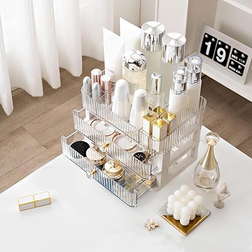 Miniatura 2 de VEMURE Organizador de maquillaje con 2 cajones, vitrina de cosméticos para dormitorio, baño, tocador, soporte de almacenamiento de escritorio de