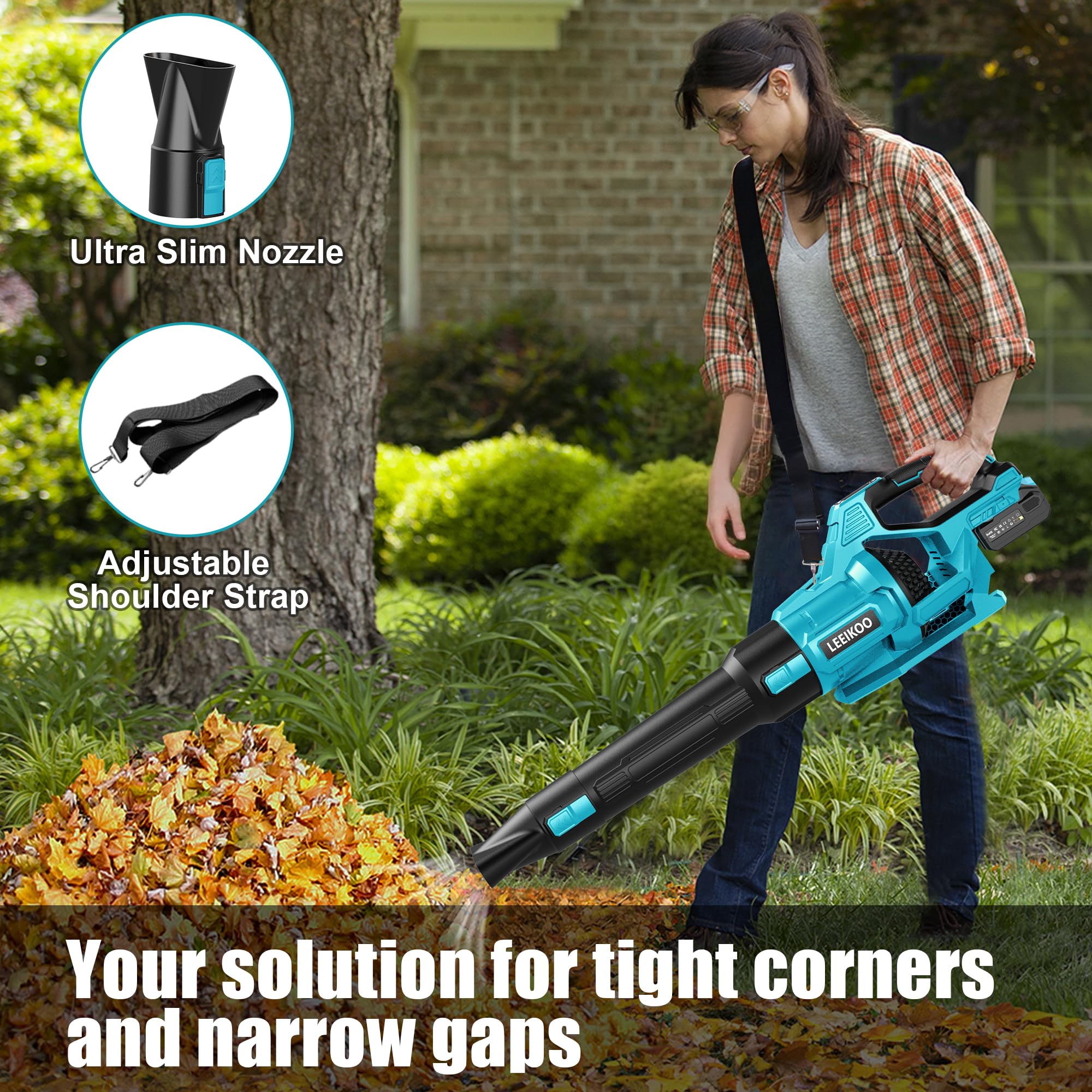 Souffleur Batterie, 21V Souffleur de Feuilles avec 2 Batteries 4,0Ah, 3 Vitesses, 2 Tubes de Soufflage, Sangle Souffleur à Batterie pour Nettoyage de Jardin
