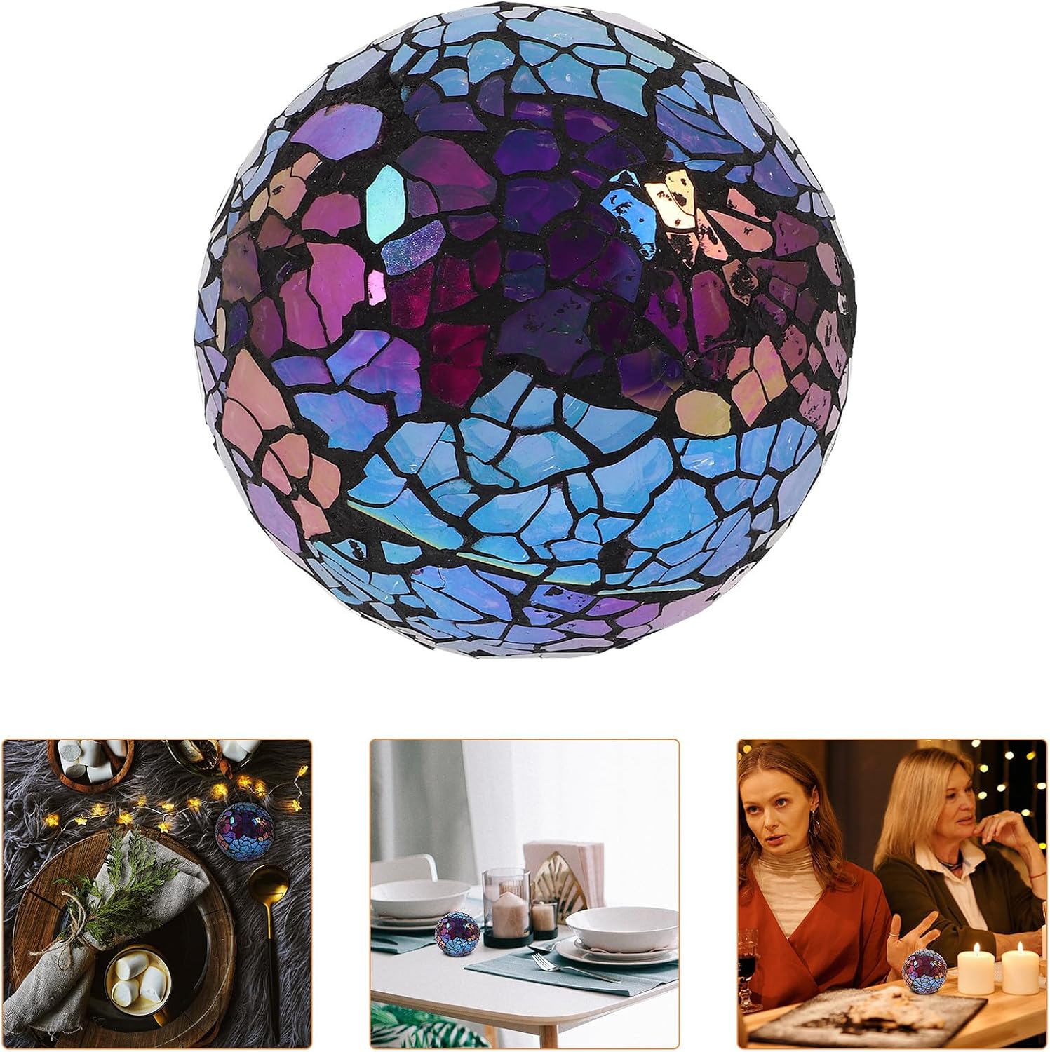 3pcs Mosaic Glass Sphere Balls Decorative Orbs for Bowls Vases Table Centerpiece Home Wedding Party Decor with Purple Finish