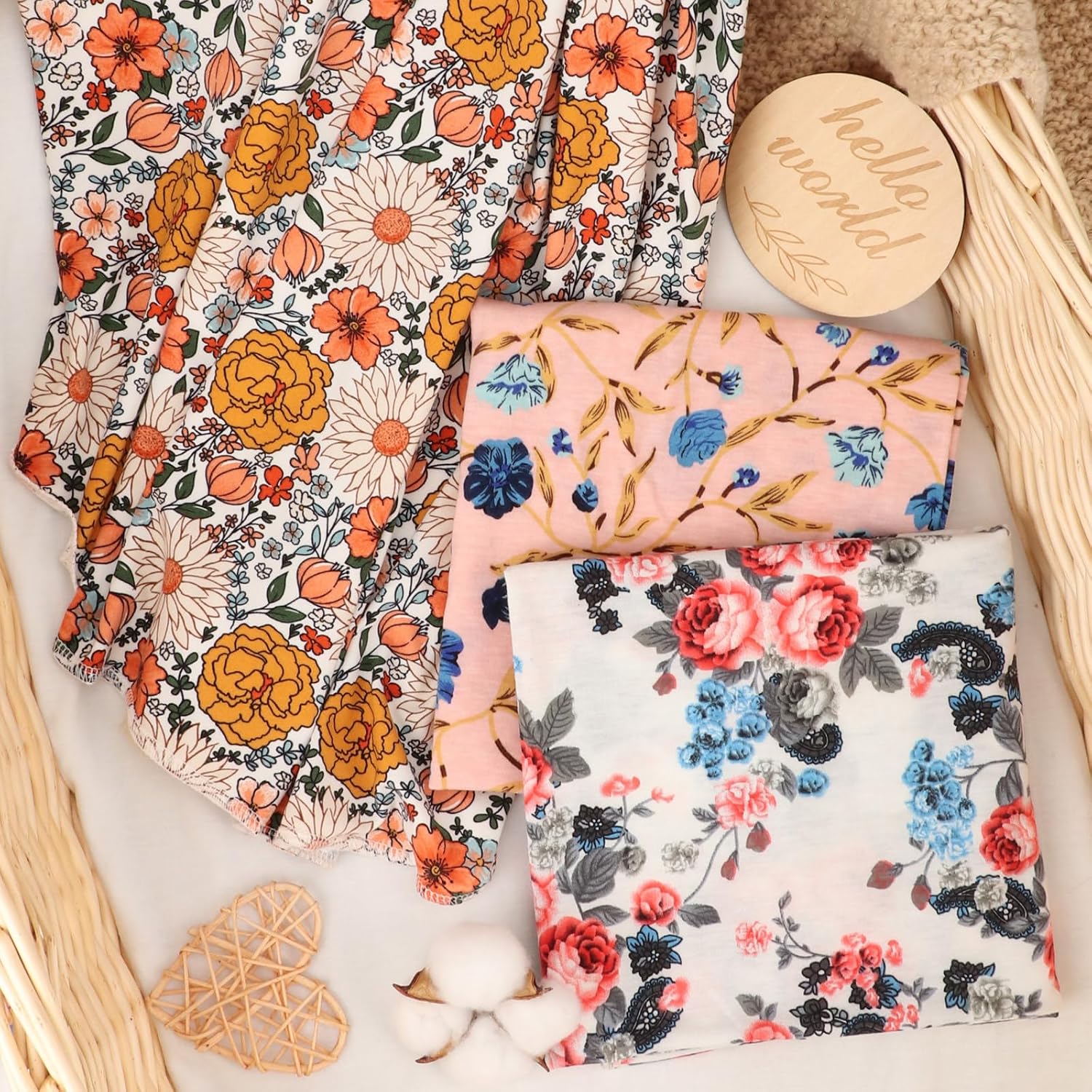 DRESHOW BQUBO Floral Swaddles for Baby Girl Newborn Receiving Blanket with Bow Hat Mittens Wooden Birth Announcement Card Set Baby Floral Print Swaddle Nursery Swaddle Wrap