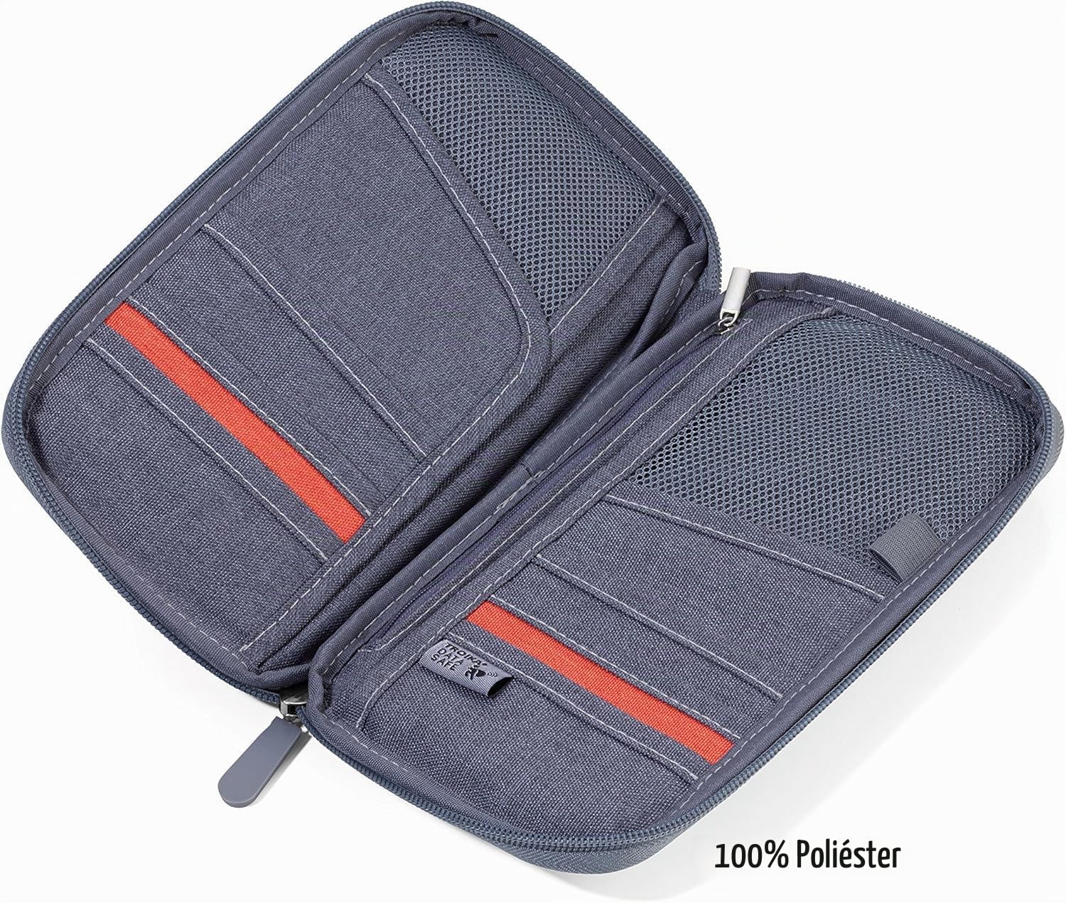 TROIKA Safe Flight TRV20/GY - Estuche para Documentos de Viaje (con Protector de Pantalla para Chips RFID), Cremallera, 12 Compartimentos Interiores, trabilla para bolígrafo, poliéster, Gris/Naranja