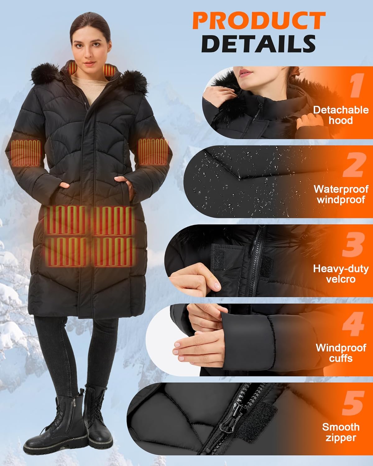 Windpost Heated Jacket for Women with 12V 10000 mAh Battery Pack,Pack Water-Resistant Slim Fit Women's Heated Coat - Image 5