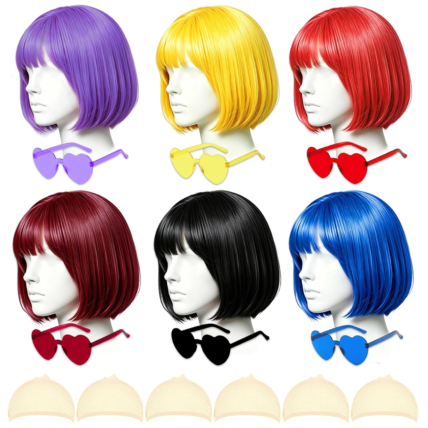 DAJOOEE 6 Pack Colored Wigs, Neon Colorful Party Wigs for Women Girls Cosplay Costume Party Holiday Bachelorette Night Club (Rose)