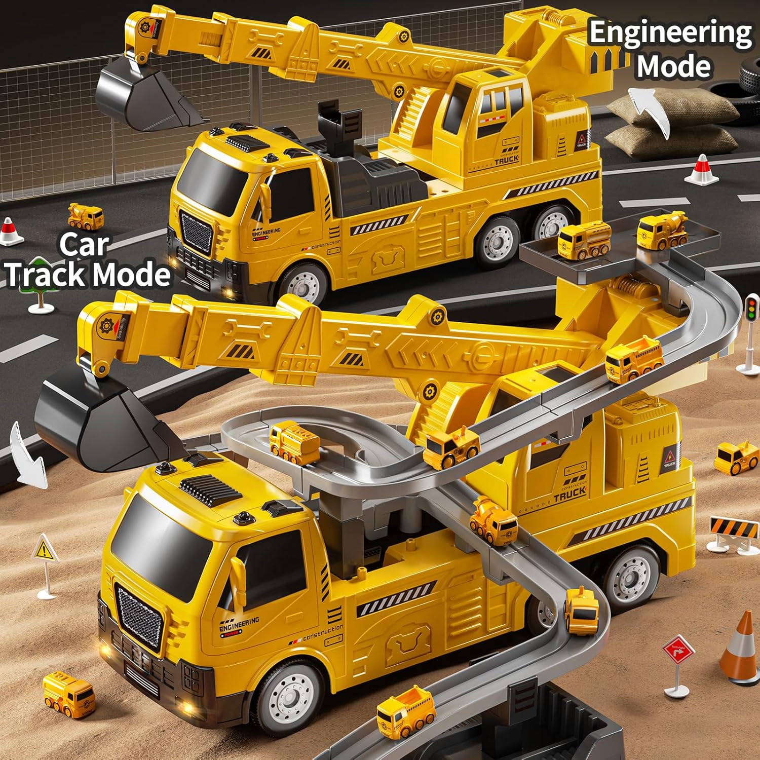 Construction Truck Crane Track Toy for Kids 3 4 5 6 7 8 Years Old, Engineering Excavator Vehicle Race Track with 8 Small Cars, Sound and Light, Boy Toys, Gifts for Toddlers Boy Girl Ages 3-5