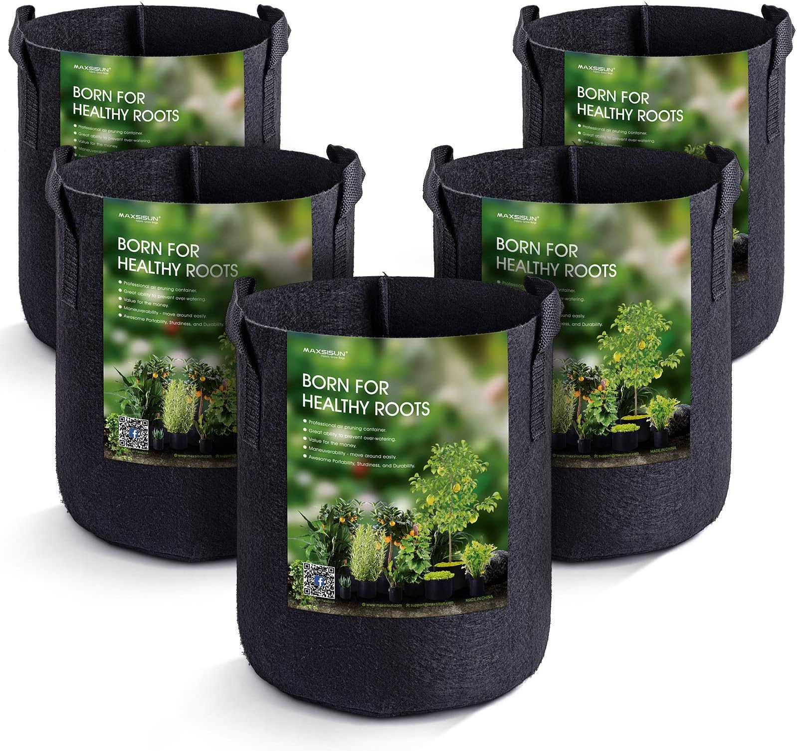 MAXSISUN 5-Pack 2 Gallon Plant Grow Bags, Heavy Duty Thickened Non-Woven Aeration Fabric Pots Container with Reinforced Handles for Gardening