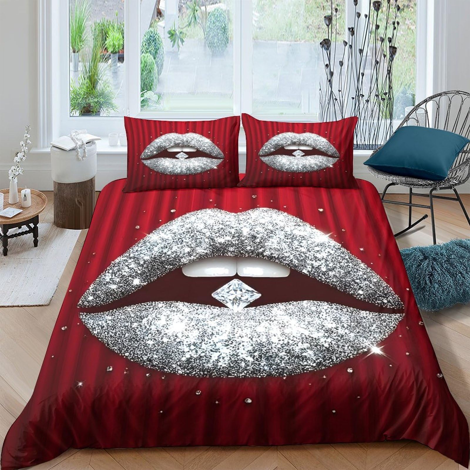 Ctjqhvkz Style-6 3D Printed Silver Glitter Lips Fitted Sheet Microfiber Red Lip Art Mattress Cover For Bedroom Dorm Decor Single（135X200cm）