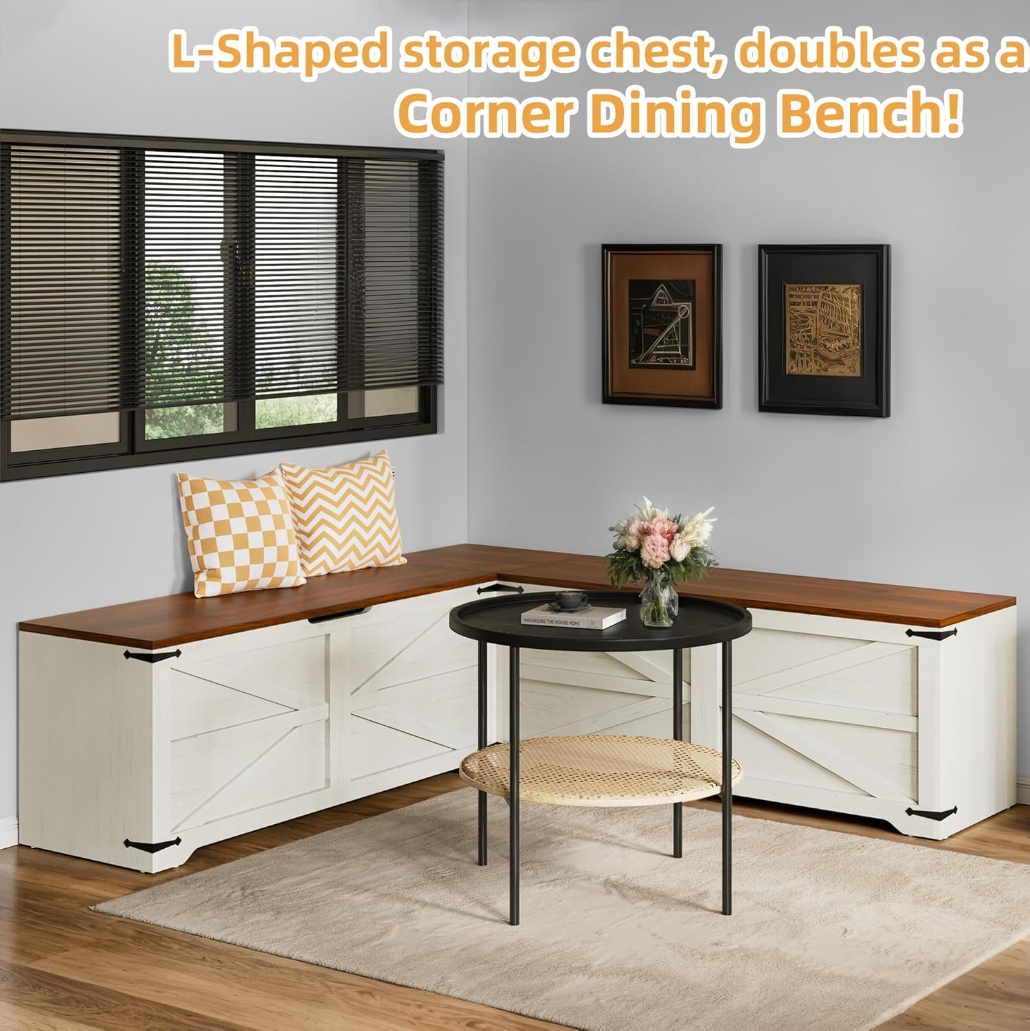 DWVO L-Shaped Storage Bench, 18" High Corner Dining Bench with Safety Hinges, Wooden Nook Chest for Living Room, Bedroom
