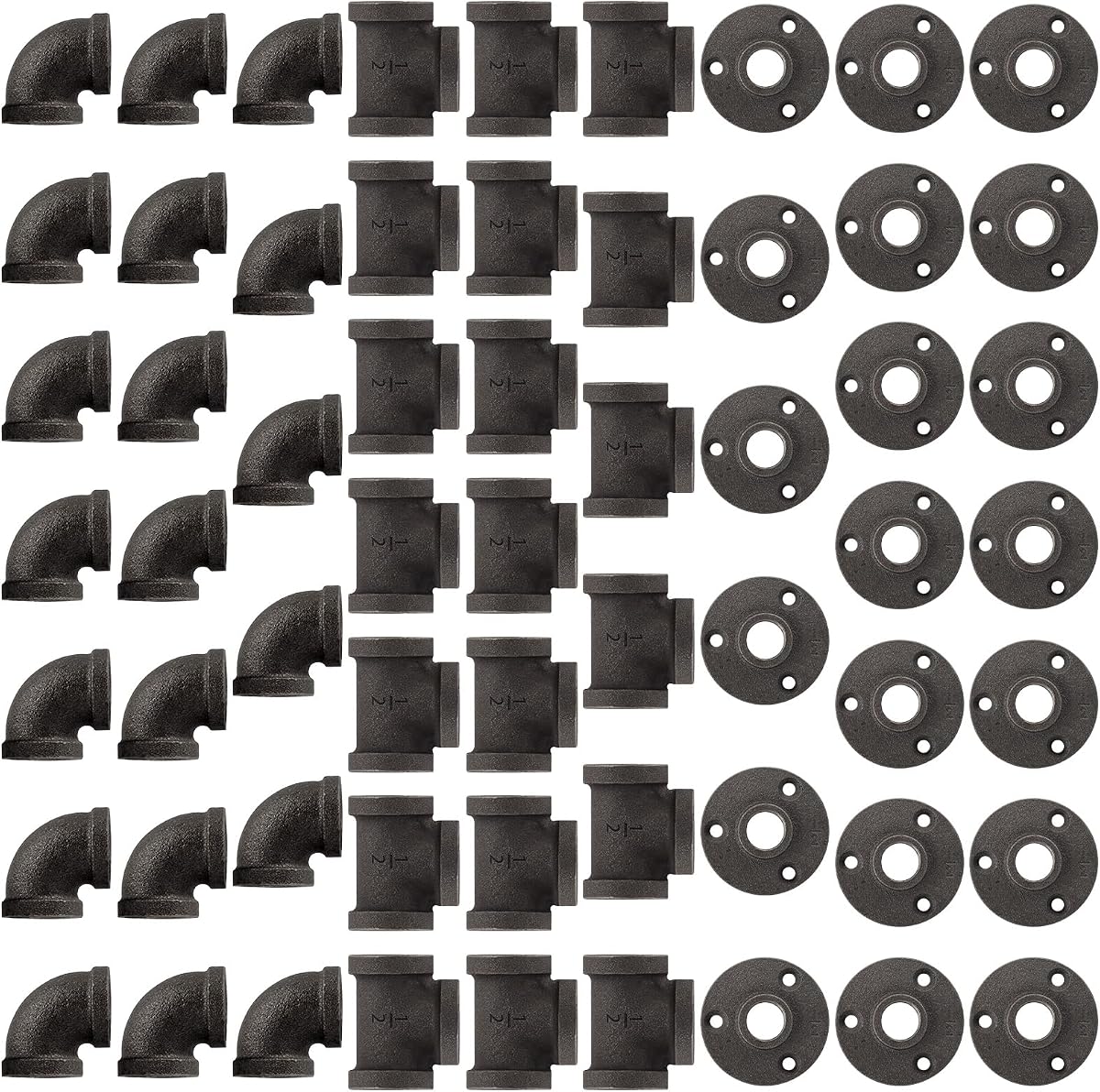 Paquete de 60 accesorios de tubería de hierro fundido de 1/2 pulgada con bridas en T de codos | Incluye 20 codos, 20 tees y 20 bridas para proyectos de tuberías negras roscadas, decoración steampunk de bricolaje y estanterías industriales.
